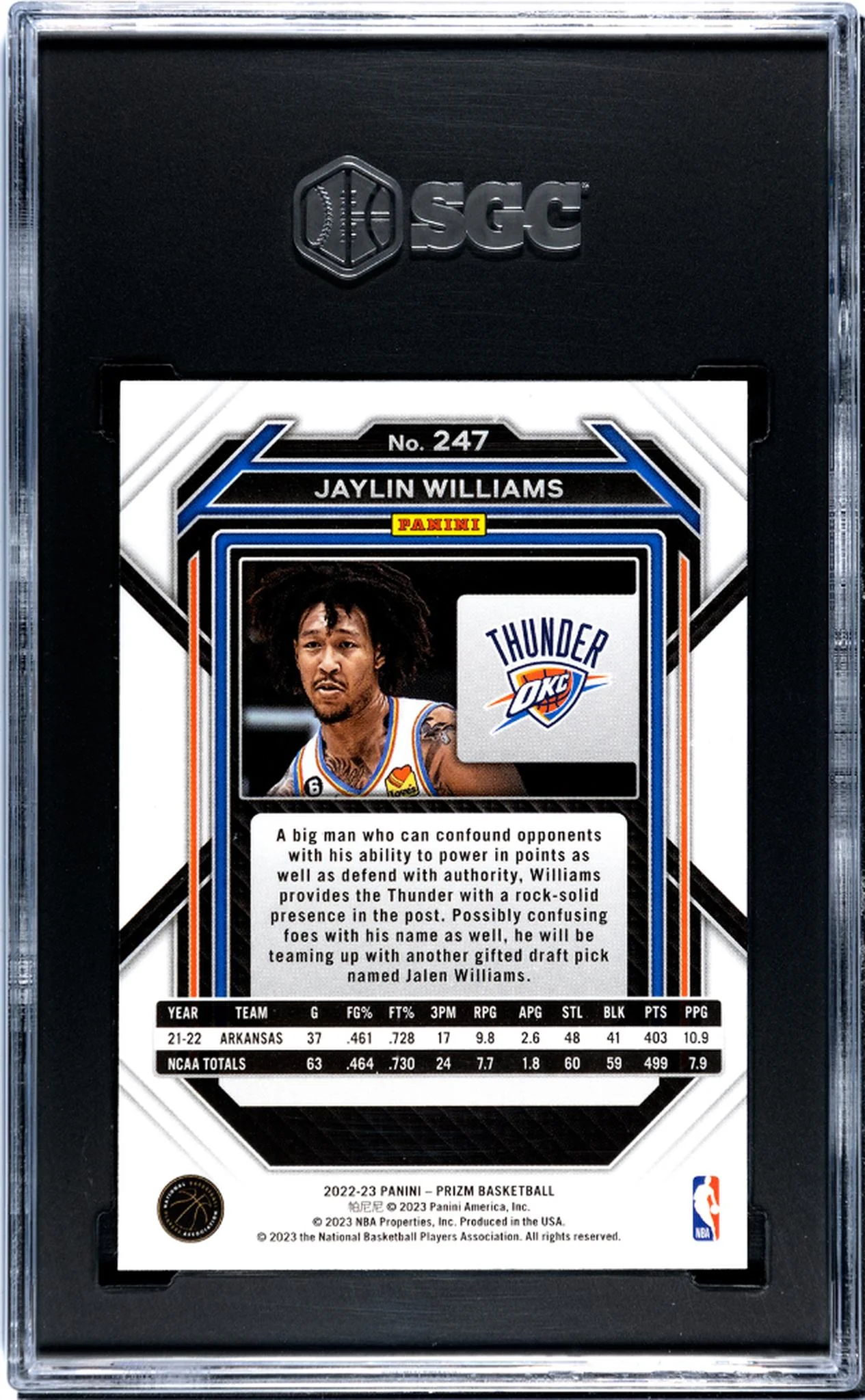 2022-23 Panini Prizm Jaylin Williams #247 RC SGC 9 - Image 2