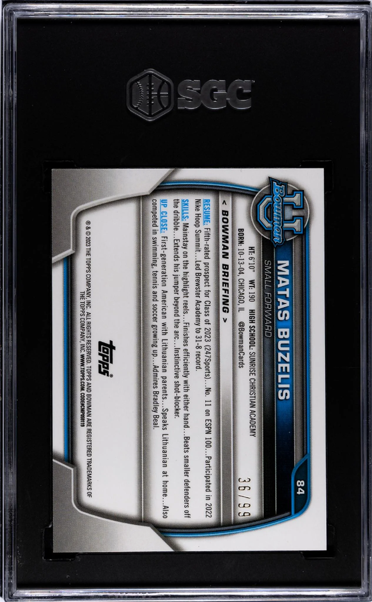 2022-23 Topps Bowman U Chrome Green Shimmer Refractor Matas Buzelis #84/99 SGC 8 - Image 2