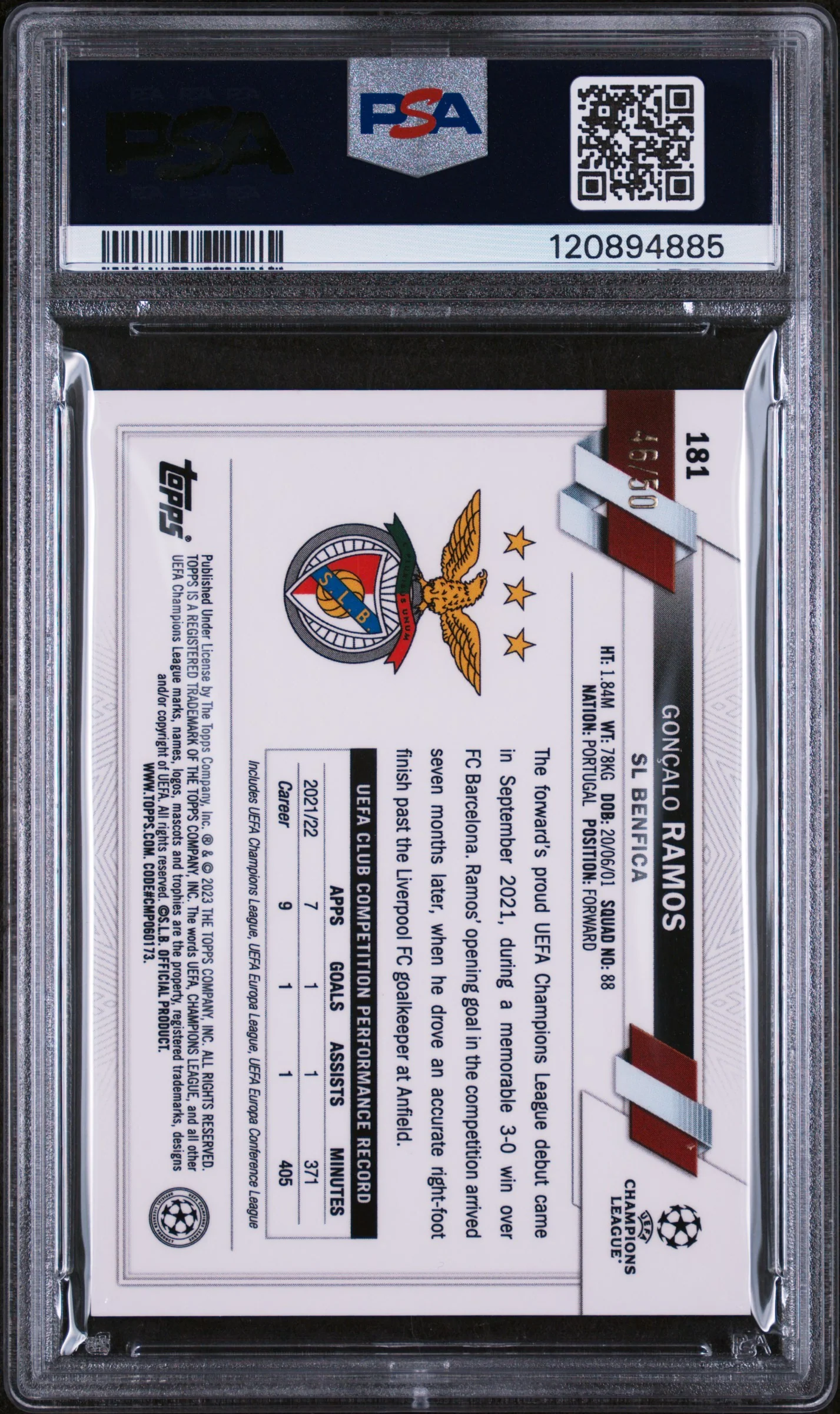 2022-23 Topps Chrome UCC Gold Mini Diamond Goncalo Ramos #181 /50 PSA 9 - Image 2