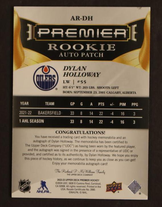2022-23 Upper Deck Premier Dylan Holloway #AR-DH RC RPA /249 - Image 2