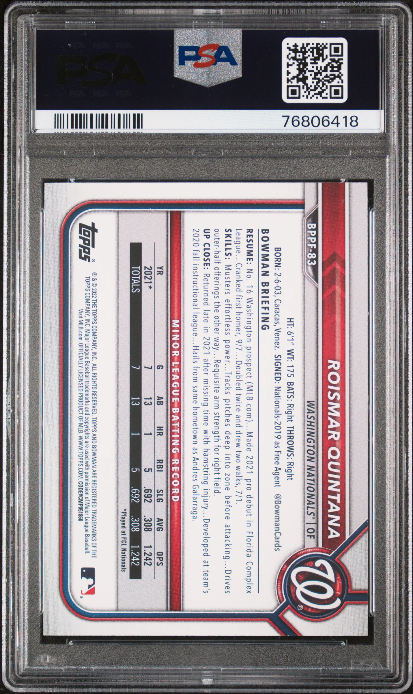2022 Bowman 1st Edition Gold Foil Roismar Quintana #BPPF83 PSA 10 - Image 2