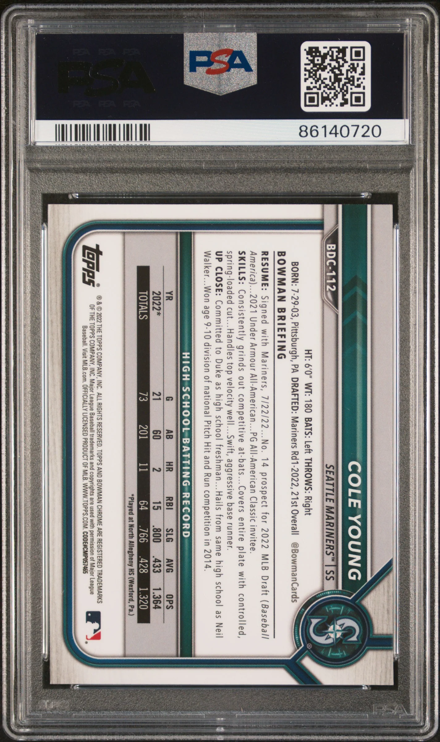 2022 Bowman #BDC-112 Cole Young Bowman Draft PSA 10 - Image 2