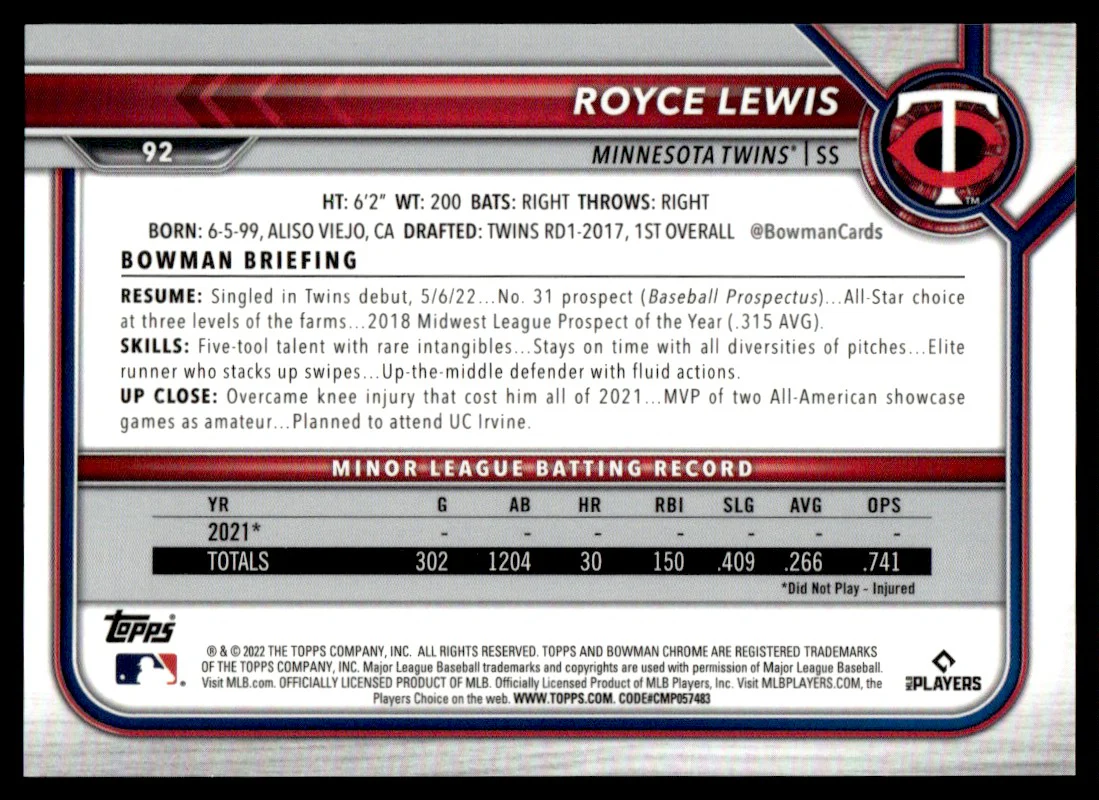 2022 Bowman Chrome Green Royce Lewis #92 RC /99 - Image 2