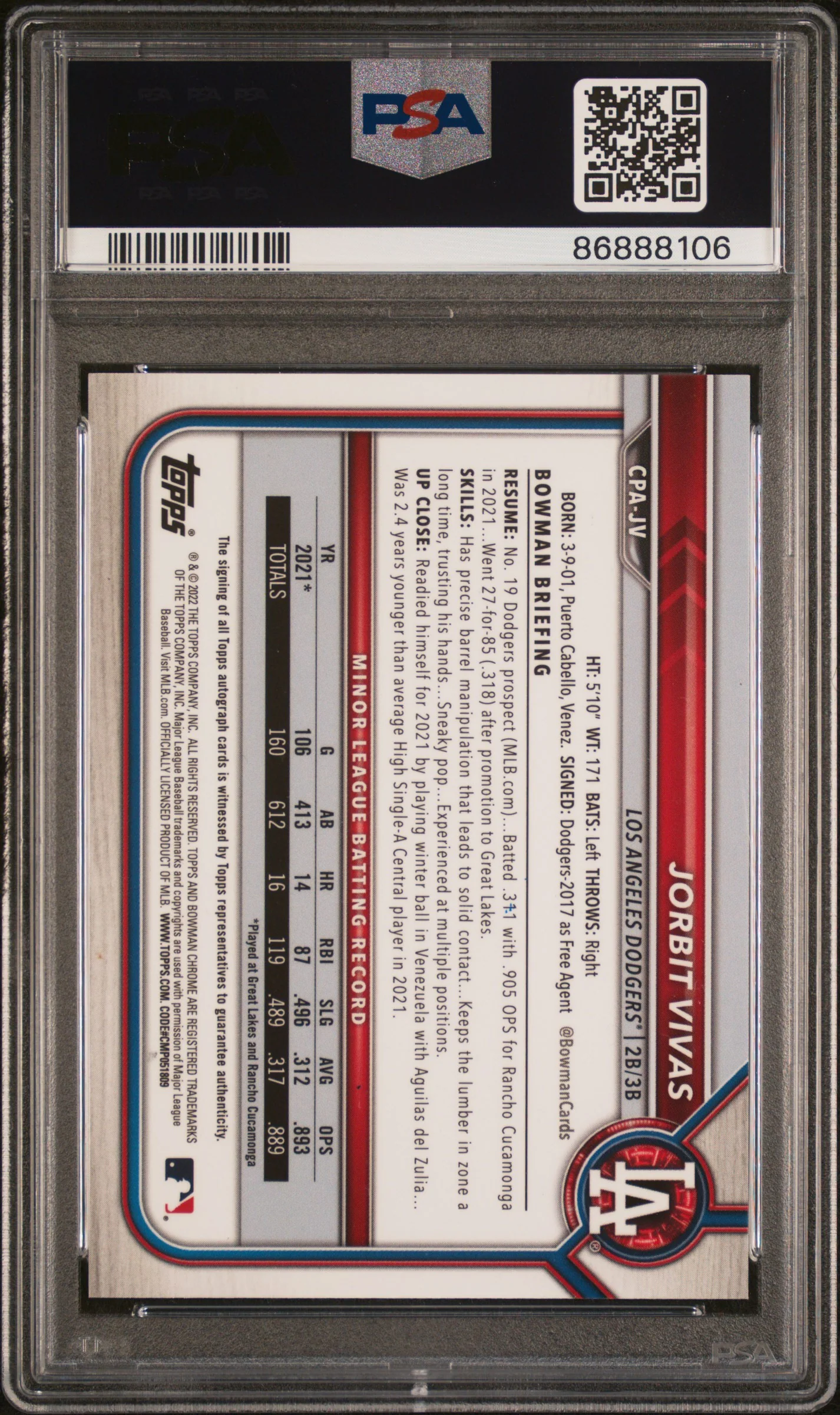 2022 Bowman Chrome Atomic Refractor Jorbit Vivas #CPA-JV Auto /100 PSA 10 - Image 2