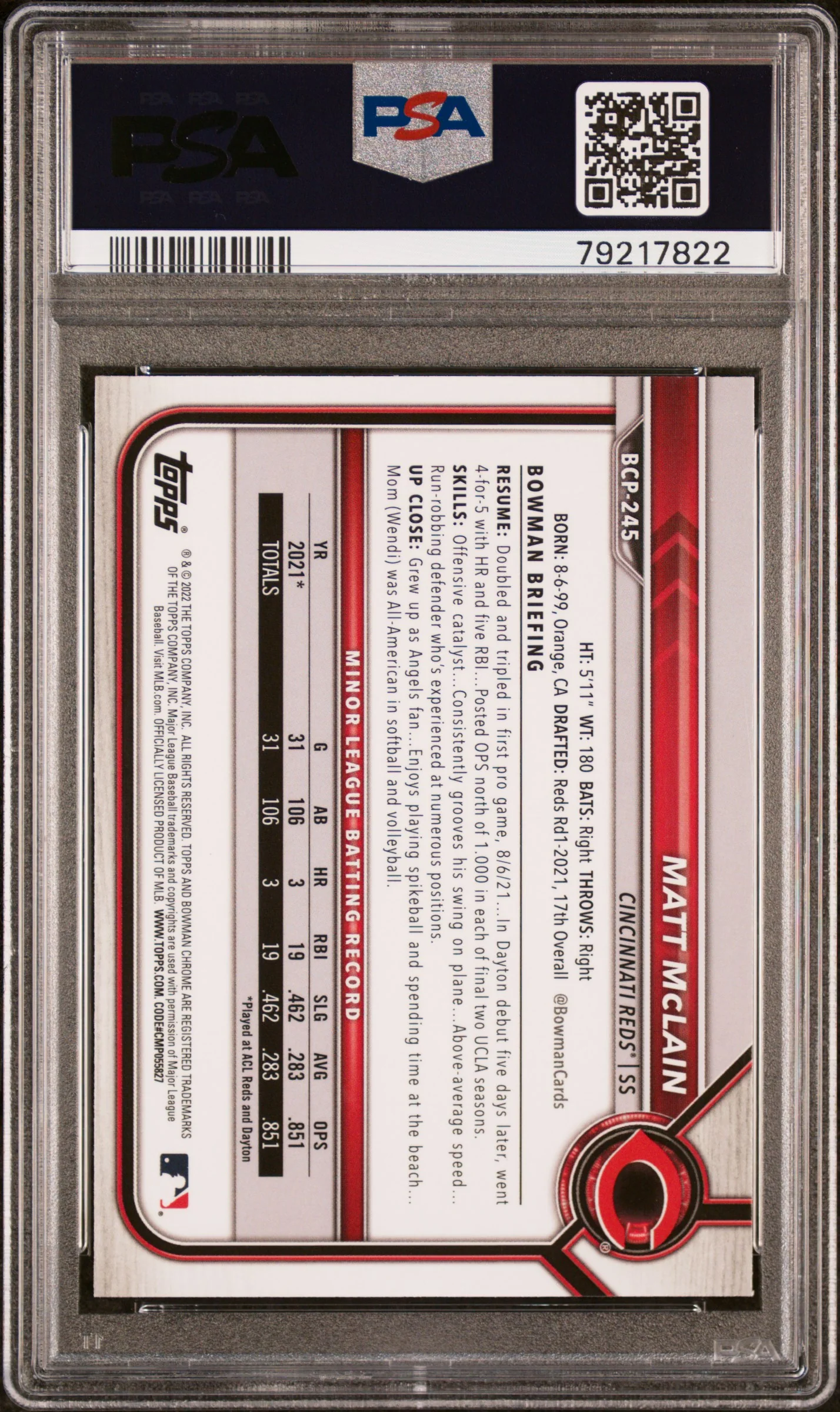2022 Bowman Chrome #BCP245 Matt McLain Prospects PSA 9 - Image 2