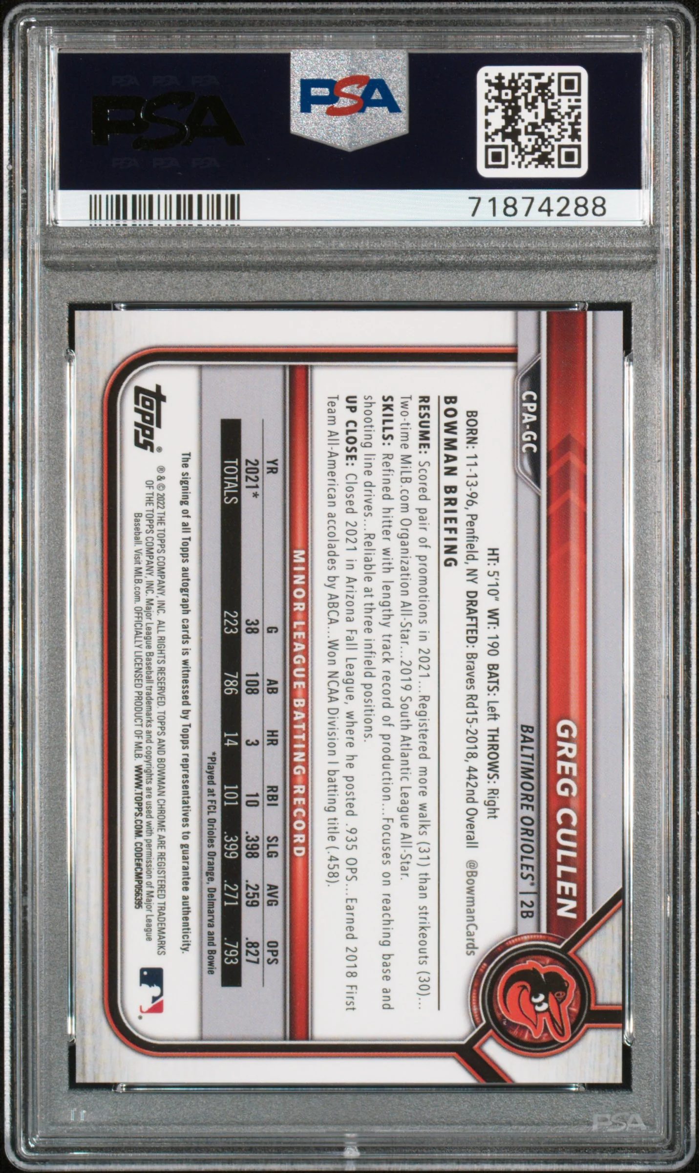 2022 Bowman Chrome #CPAGC Greg Cullen Prospect Autograph Auto PSA 10 - Image 2