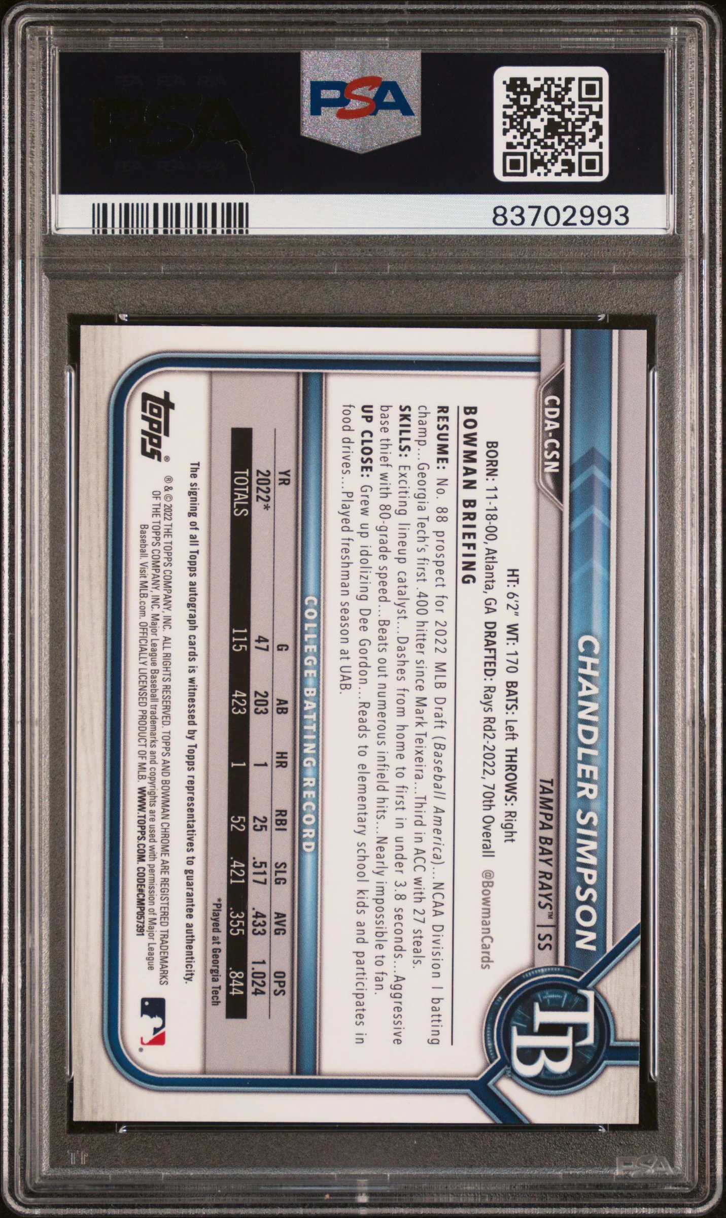2022 Bowman Chrome Draft Autographs Sparkle Refractors Chandler Simpson #CDACSN /71 PSA 10 - Image 2