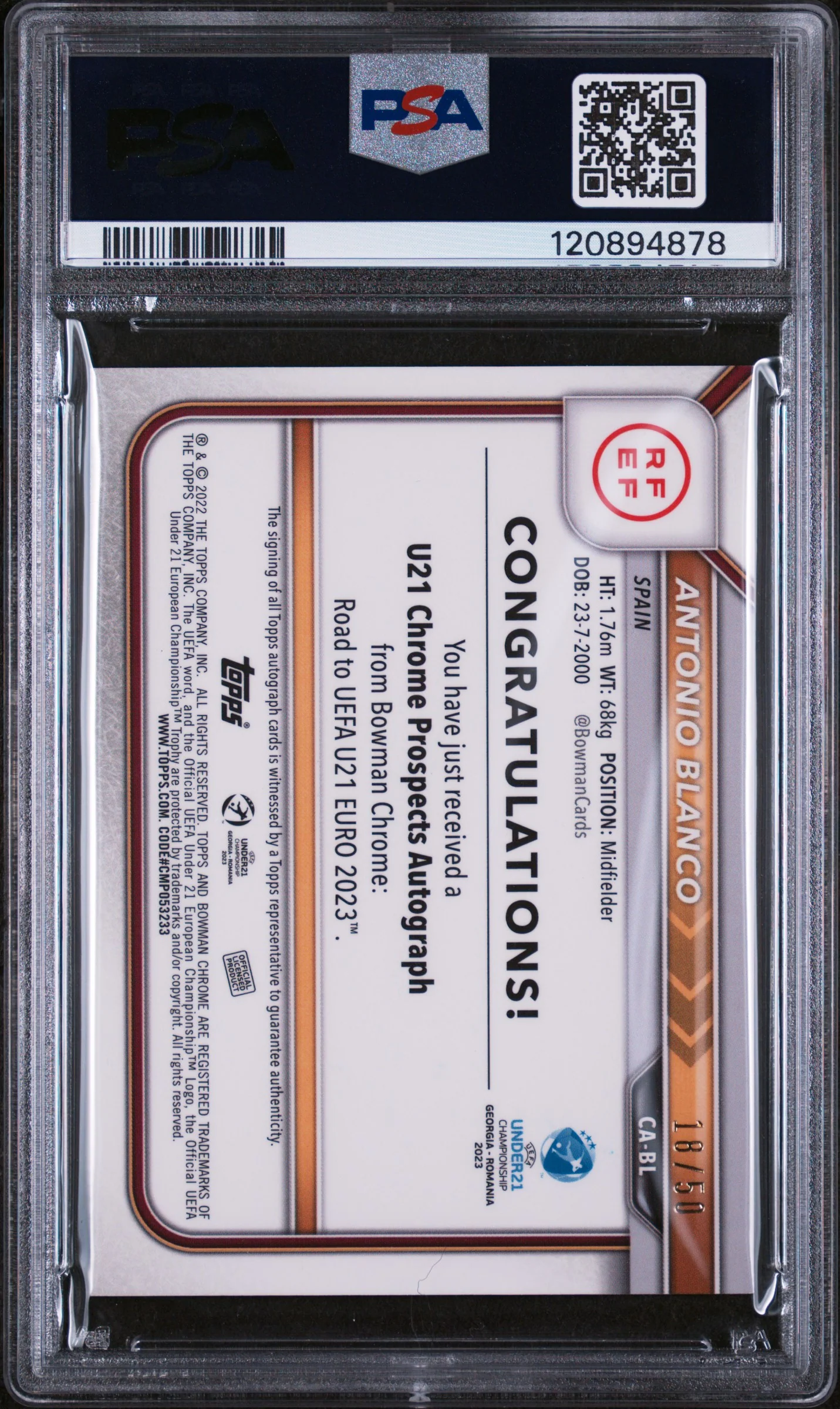 2022 Bowman Chrome Gold Antonio Blanco #CA-BL Auto /50 PSA 9 - Image 2