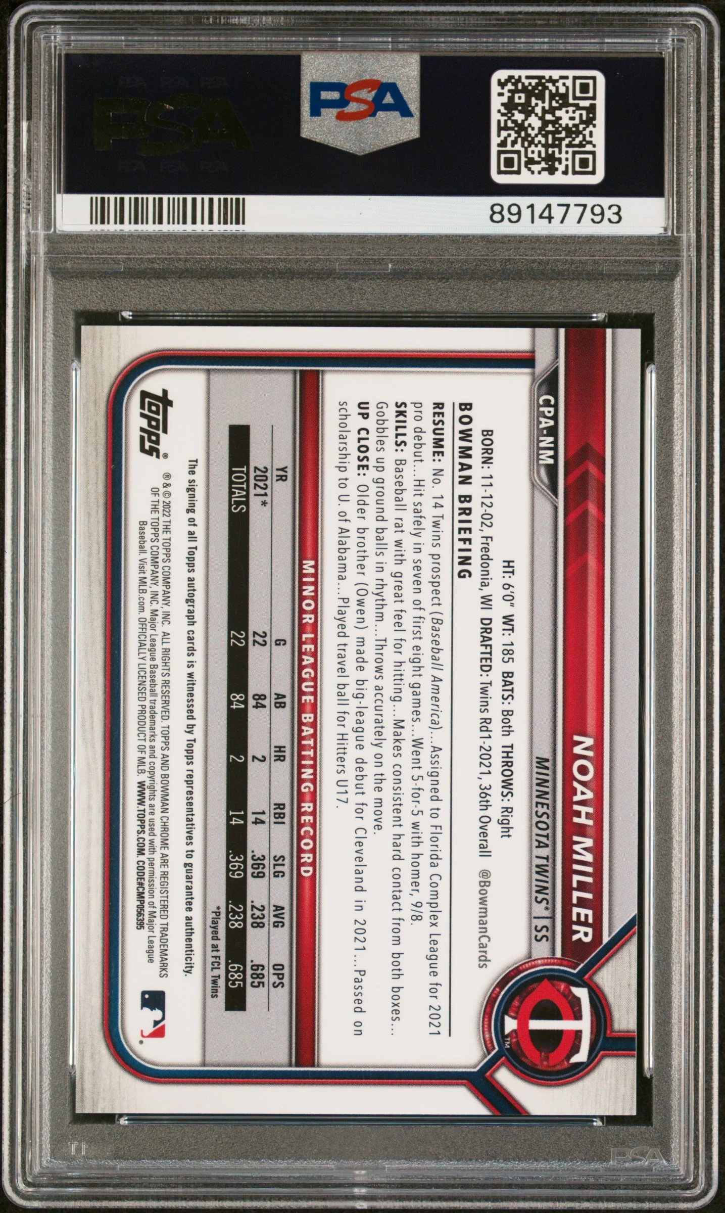 2022 Bowman Chrome Green Refractor Noah Miller #CPA-NM Auto /99 PSA 10 - Image 2