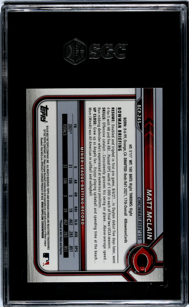2022 Bowman Chrome Mega Box Matt McLain #BCP-245 SGC 8 - Image 2