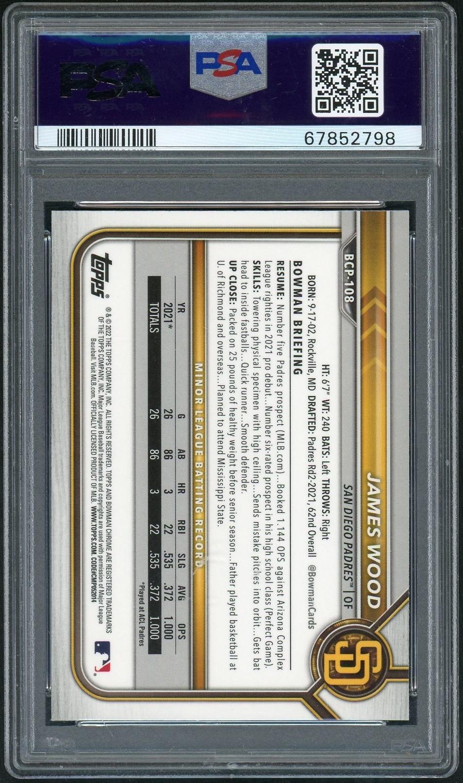 2022 Bowman Chrome Mega Box Prospect James Wood #BCP108 PSA 10 - Image 2