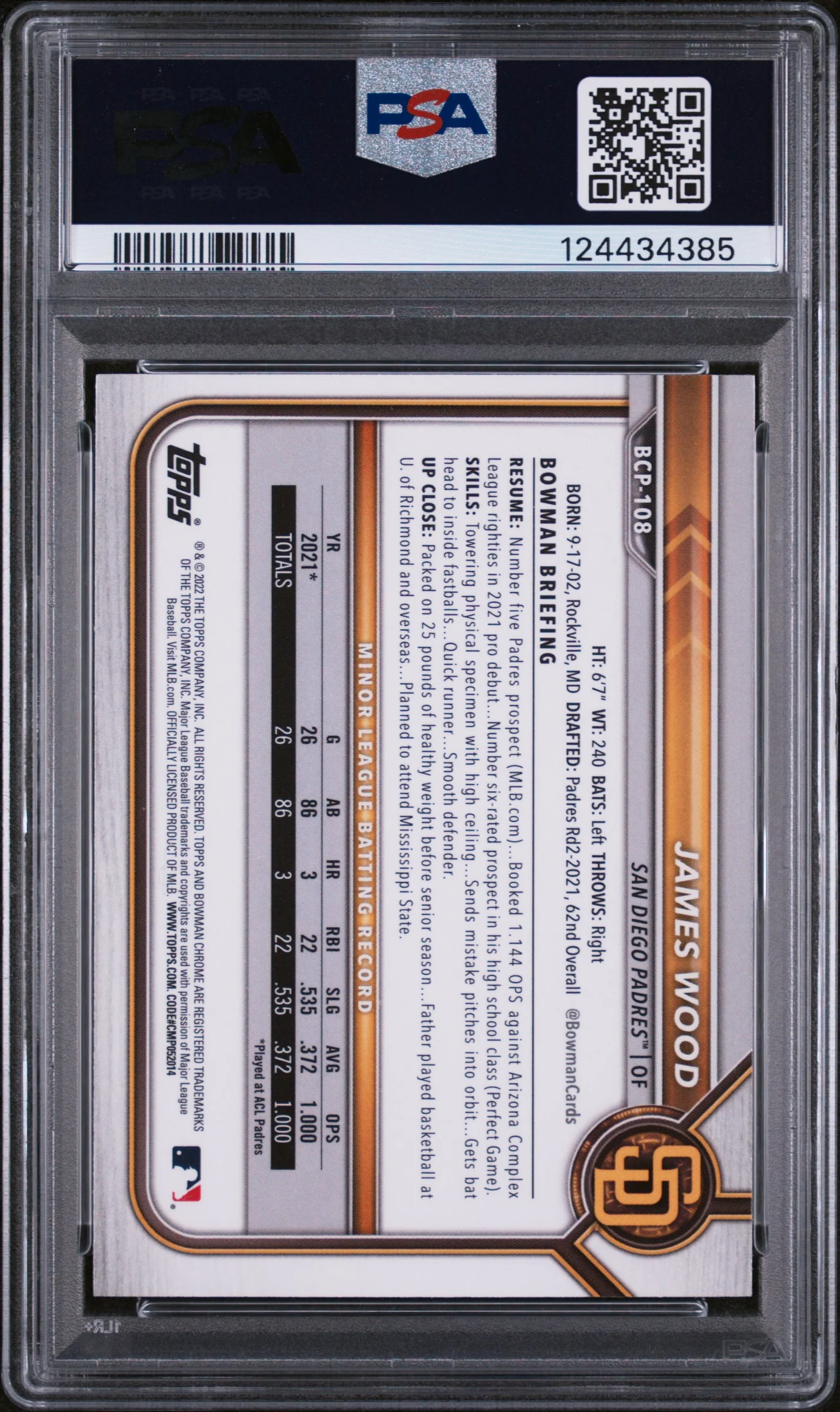 2022 Bowman Chrome Mega Box Prospect James Wood #BCP108 PSA 8 - Image 2