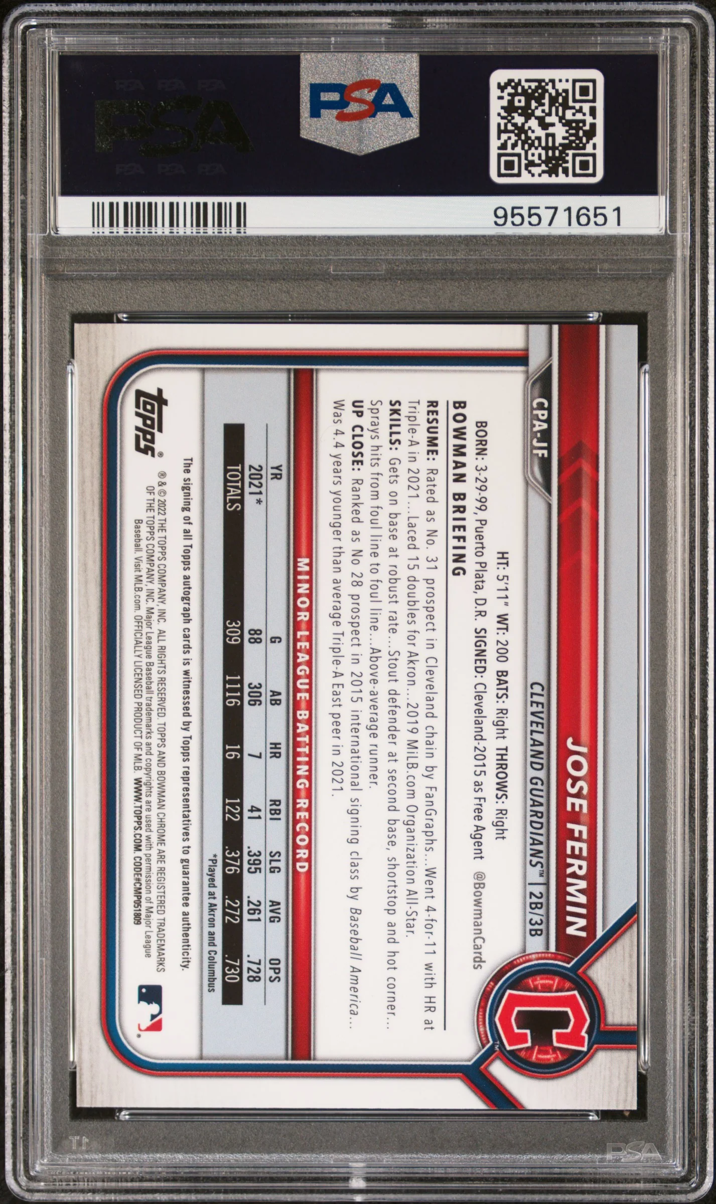 2022 Bowman Chrome Prospect Autograph Atomic Refractor Jose Fermin #CPAJF /100 PSA 10 - Image 2