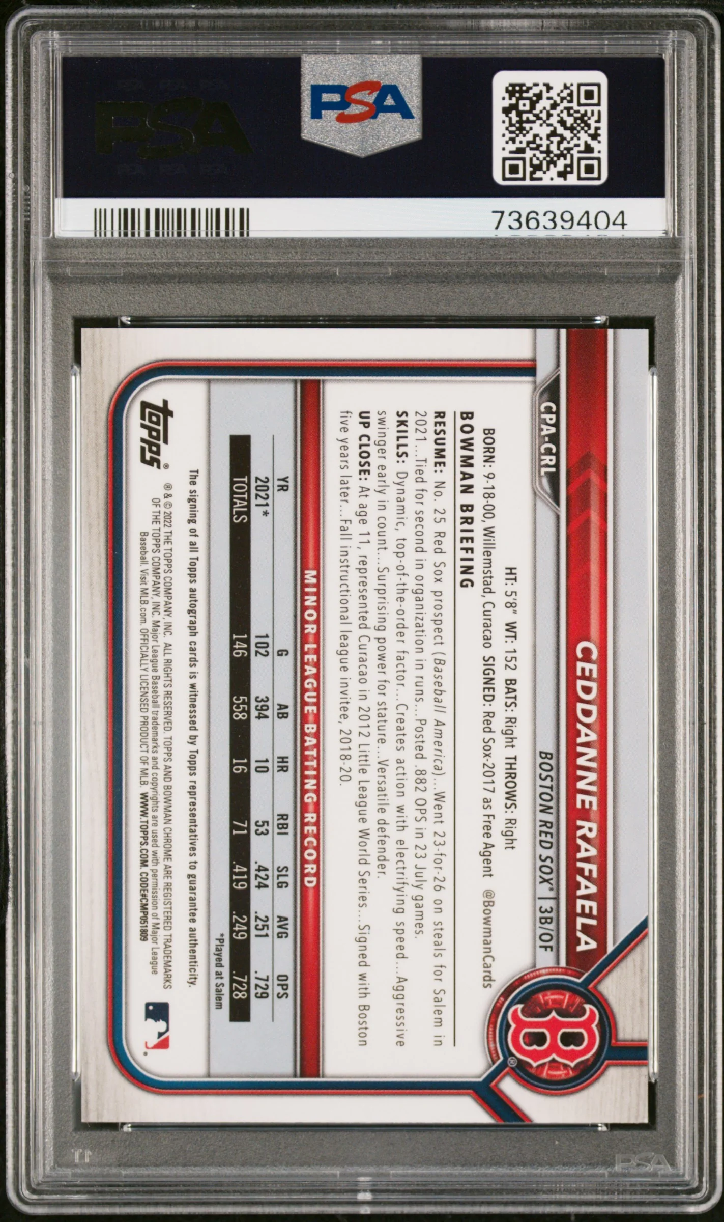 2022 Bowman Chrome Prospect Autograph Ceddanne Rafaela #CPACRL PSA 10 - Image 2