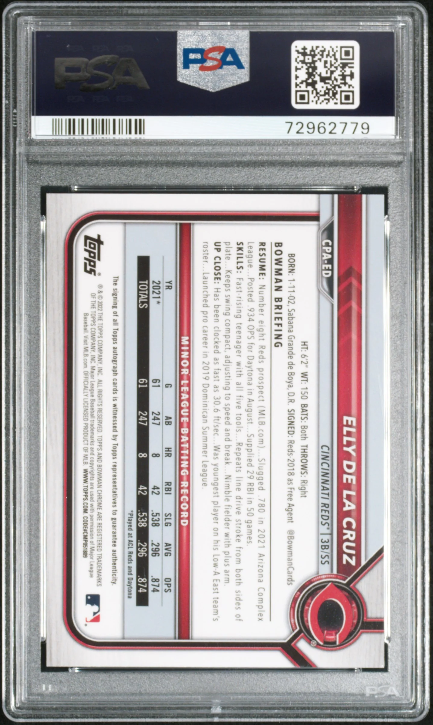 2022 Bowman Chrome Prospect Autograph Green Refractor Elly De La Cruz #CPAED /99 PSA 9 - Image 2
