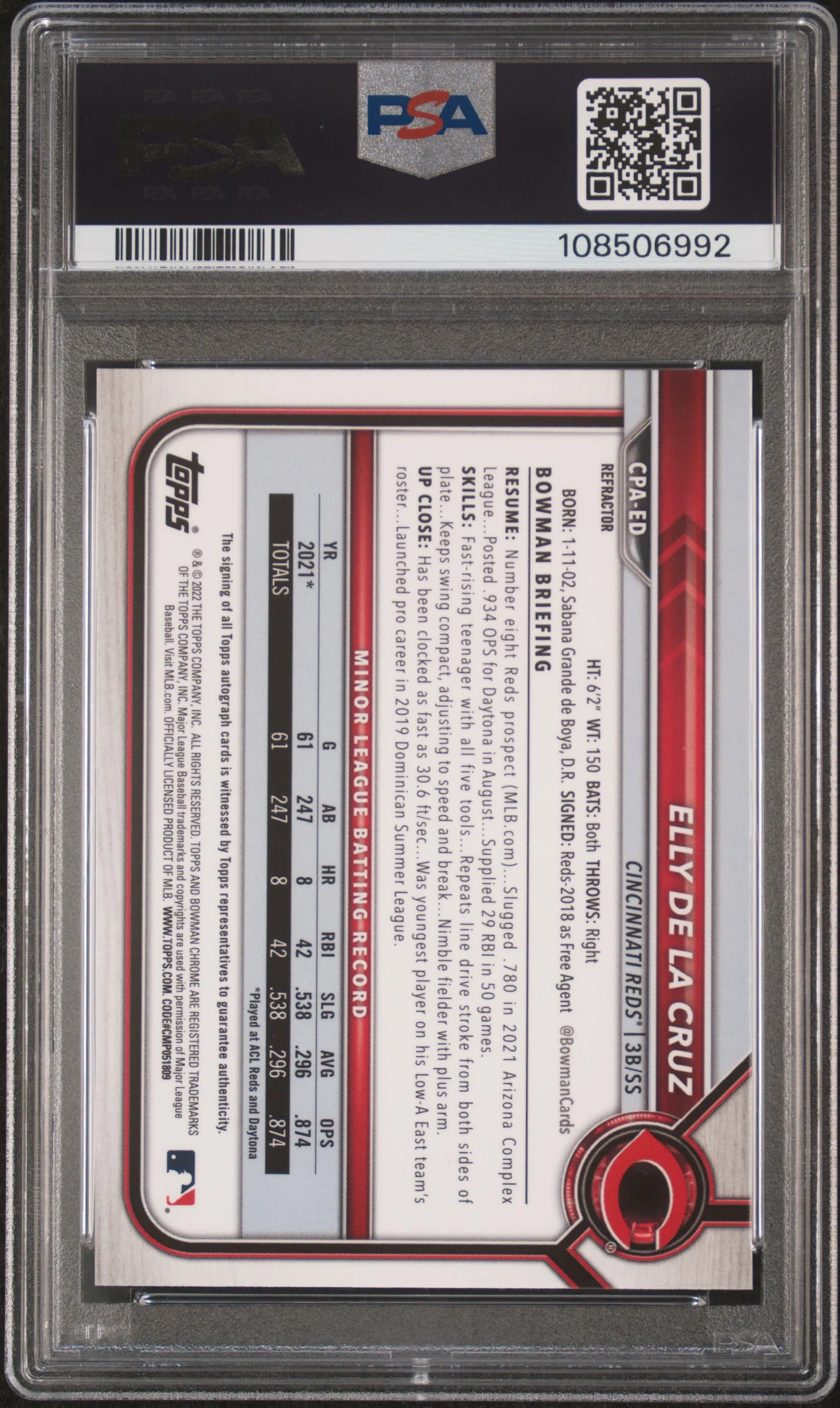 2022 Bowman Chrome Prospect Autograph Refractor Elly De La Cruz #CPAED /499 PSA 10 - Image 2