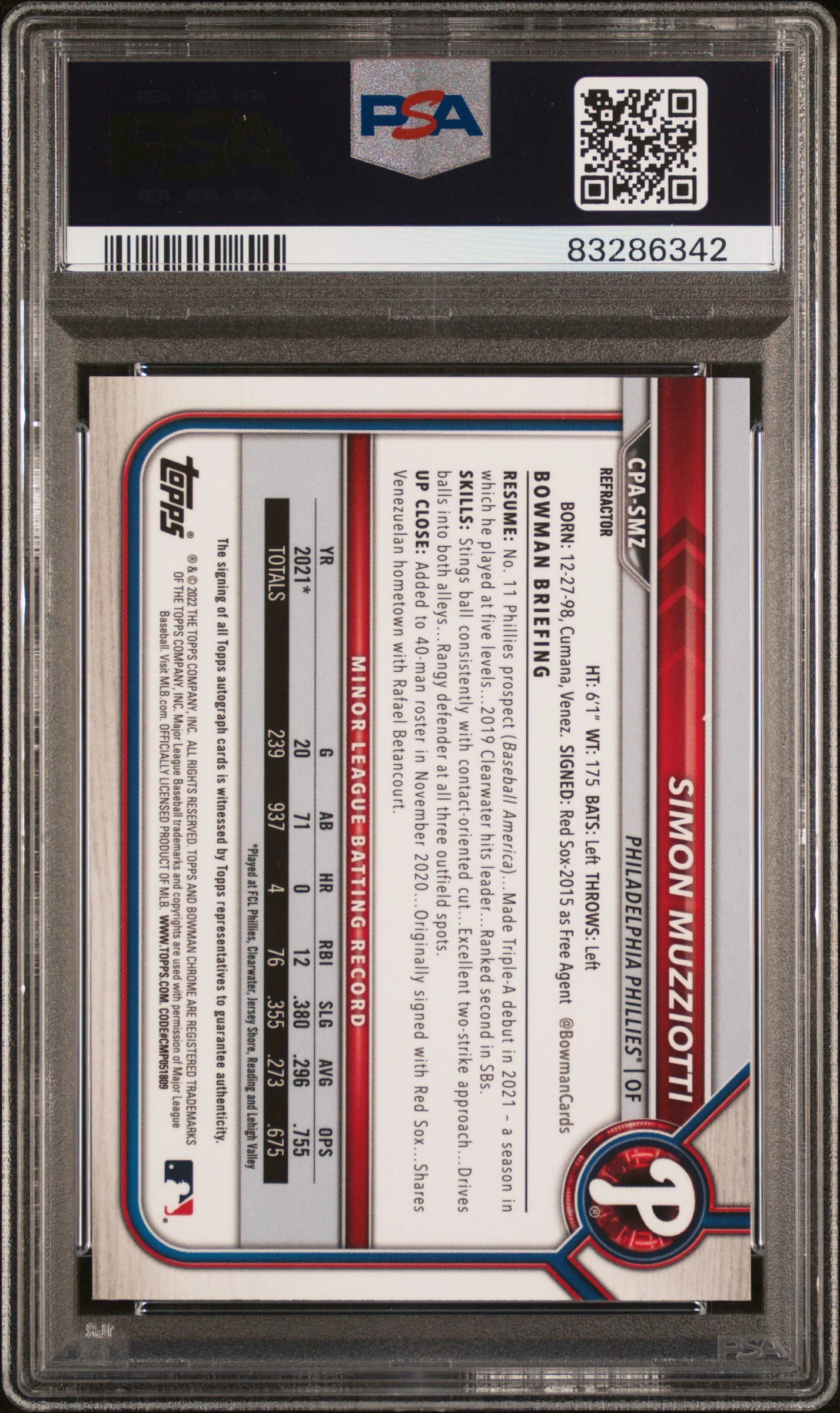 2022 Bowman Chrome Prospect Autograph Refractor Simon Muzziotti #CPASMZ /499 PSA 10 - Image 2