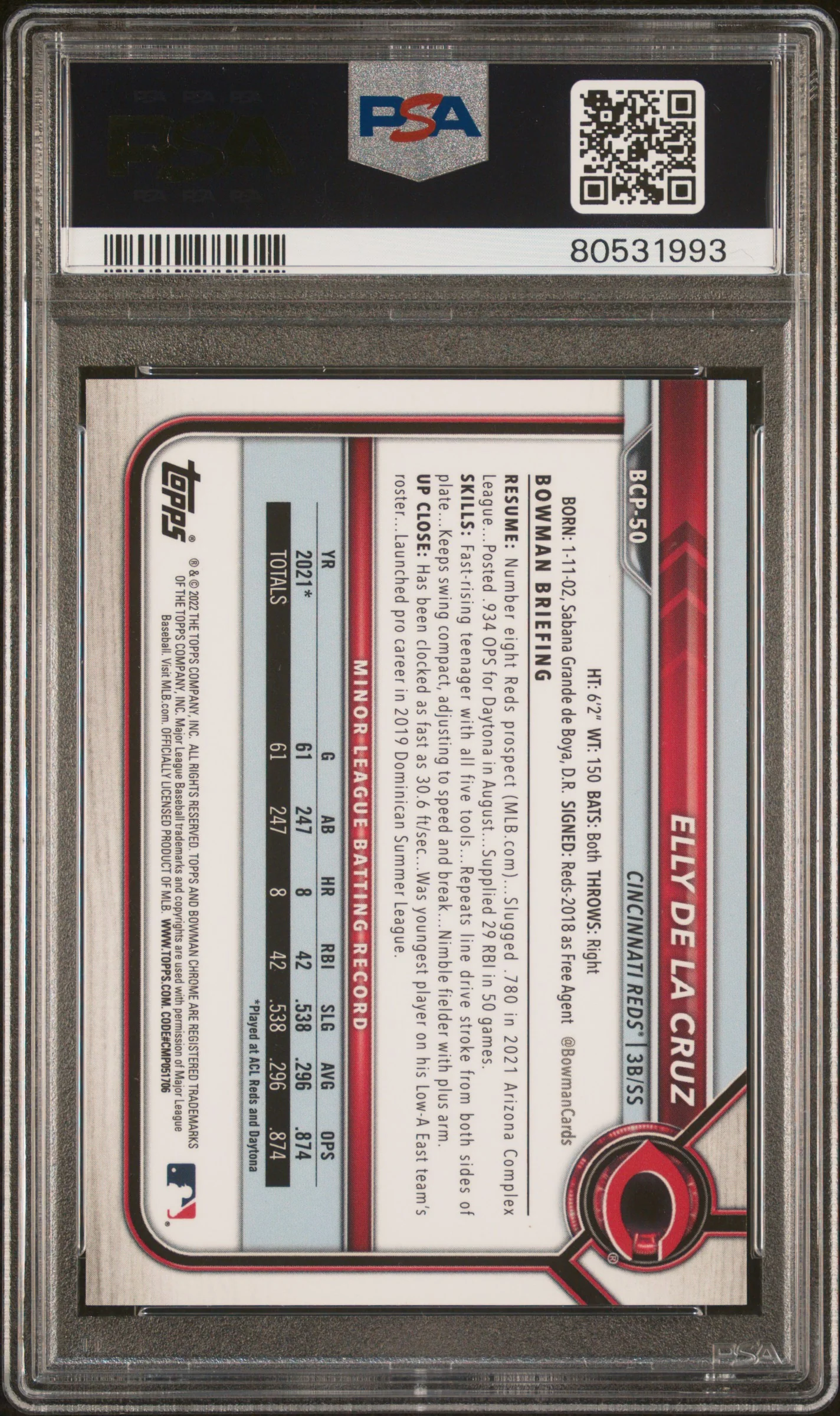 2022 Bowman Chrome Prospect Blue Refractor Elly De La Cruz #BCP50 /150 PSA 10 - Image 2