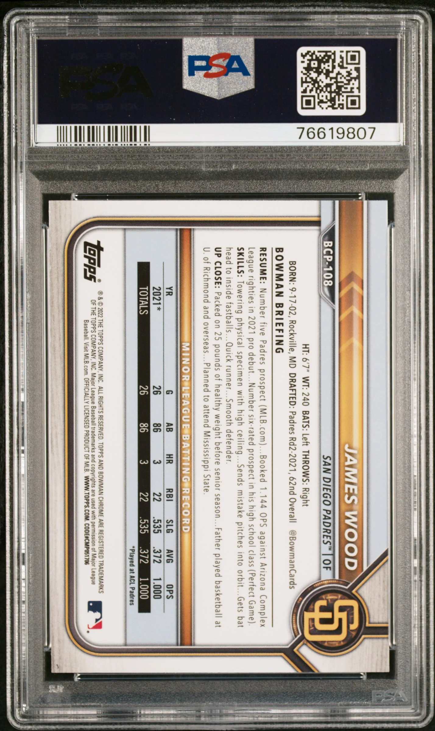 2022 Bowman Chrome Prospect James Wood #BCP108 PSA 10 - Image 2