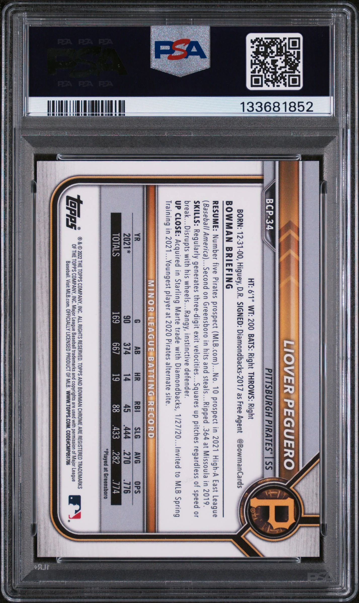 2022 Bowman Chrome Prospects Fuchsia Lava Refractor Liover Peguero #BCP34 /199 PSA 10 - Image 2