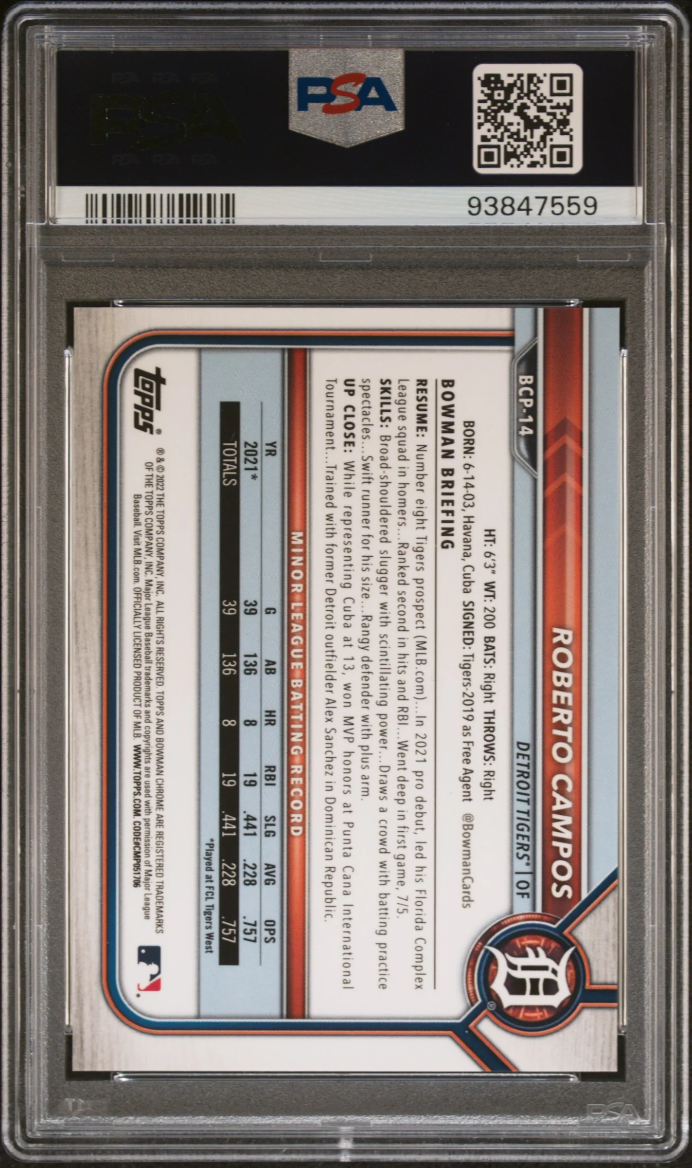 2022 Bowman Chrome Prospects Gold Refractor Roberto Campos #BCP-14 /50 PSA 9 - Image 2