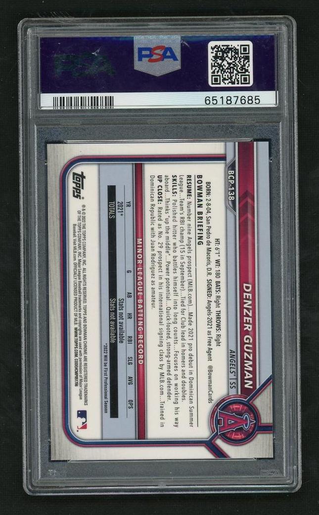 2022 Bowman Chrome Prospects Lava Refractor Denzer Guzman #BCP138 /399 PSA 9 - Image 2