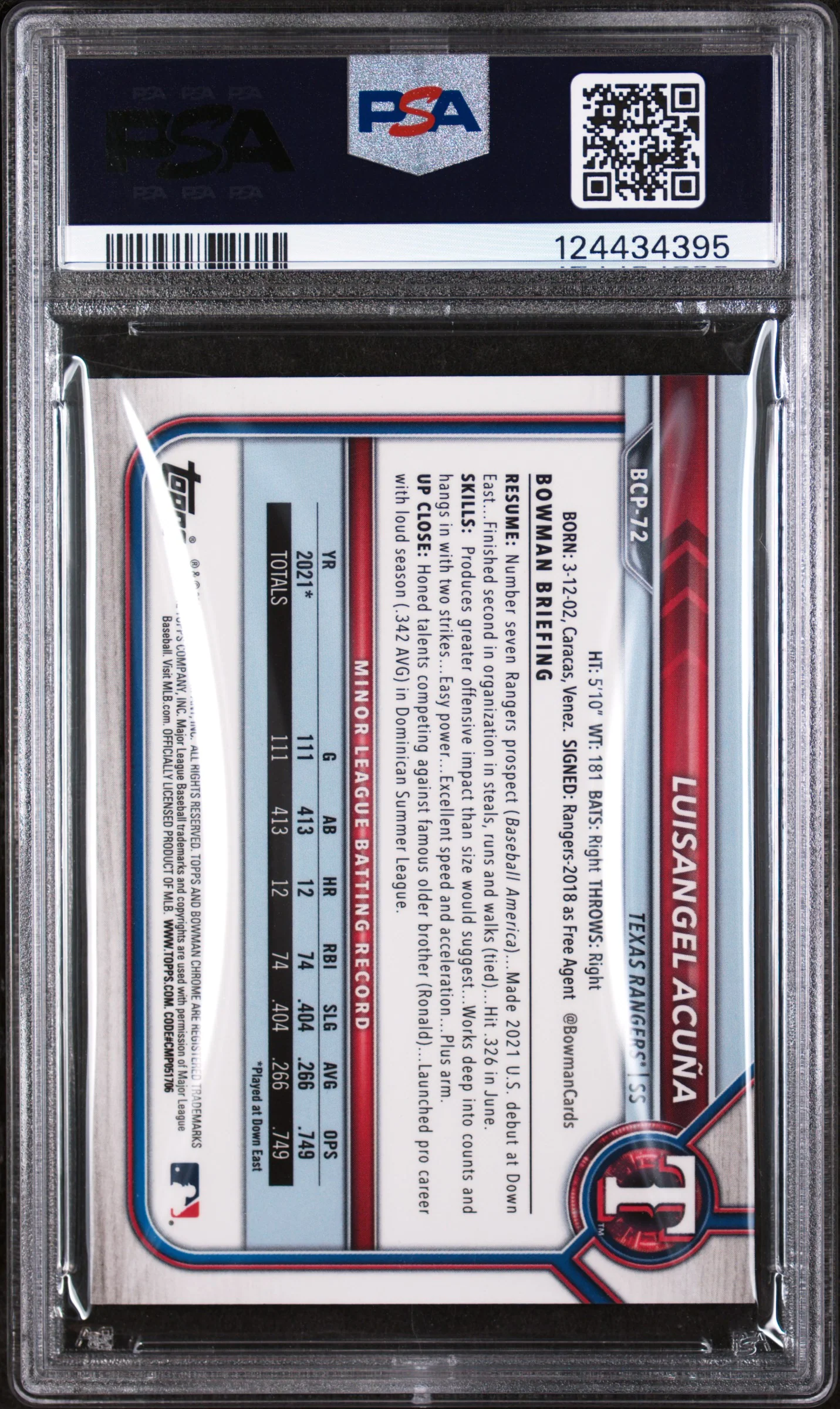 2022 Bowman Chrome Prospects Lava Refractor Luisangel Acuna #BCP72 PSA 9 - Image 2