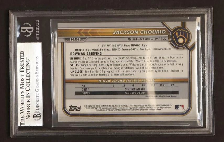 2022 Bowman Chrome Sapphire Prospect Jackson Chourio #BCP79 BGS 9 - Image 2
