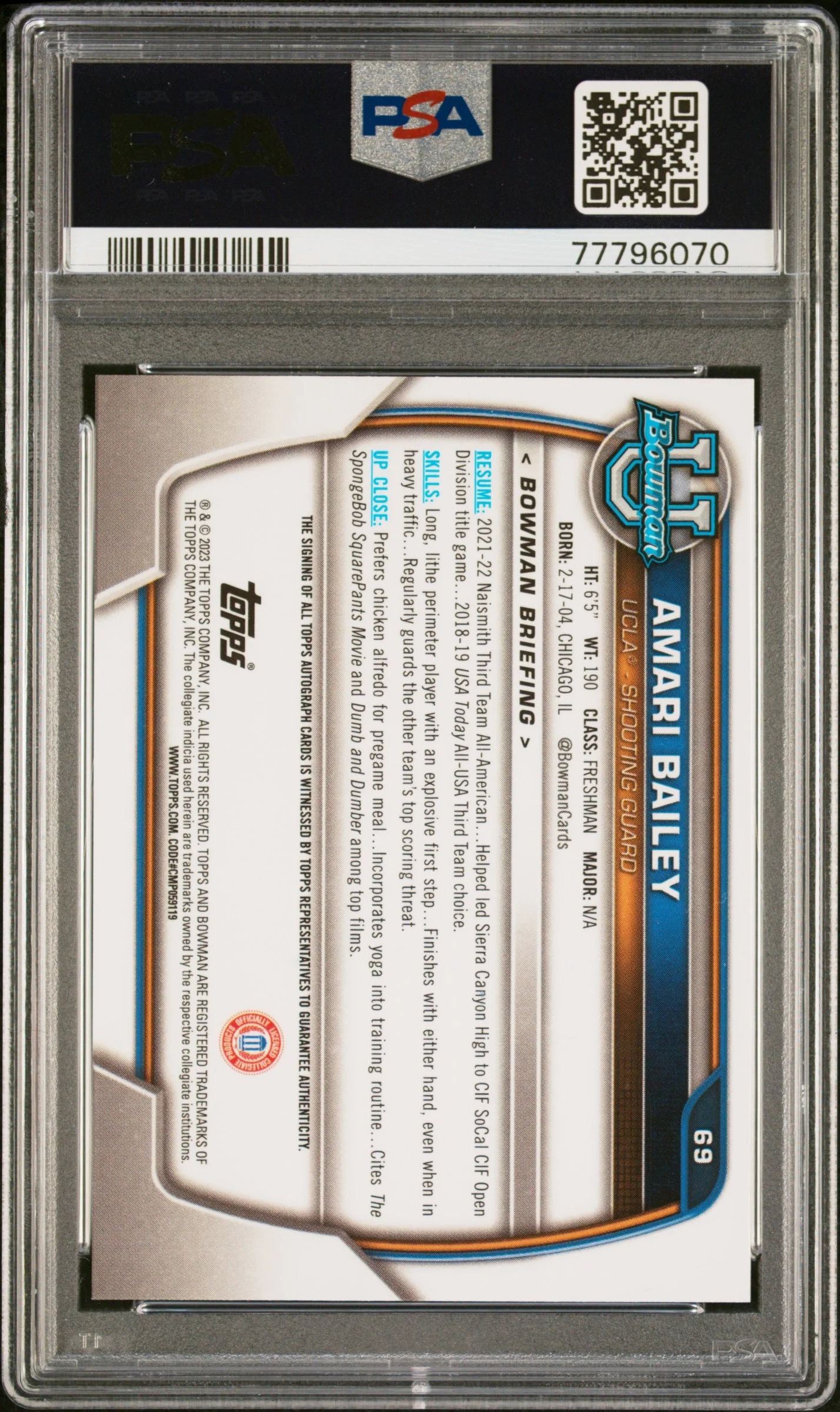 2022 Bowman University Amari Bailey #69 Auto PSA 9 - Image 2