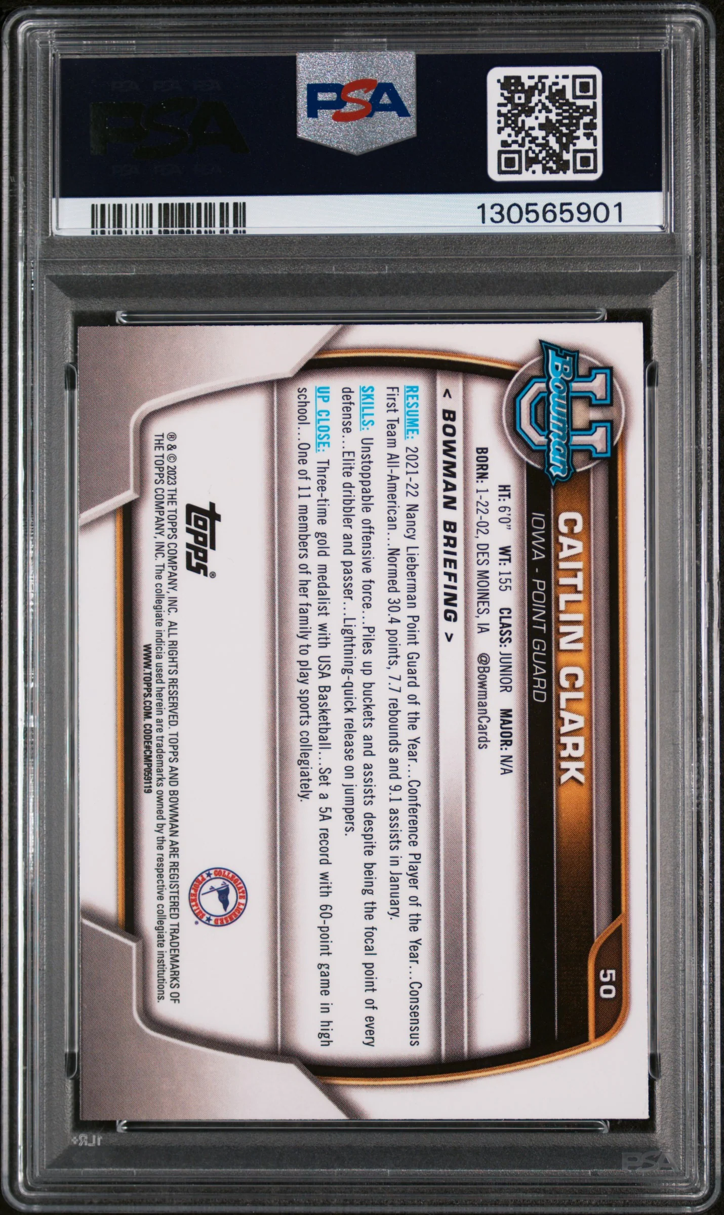 2022 Bowman Chrome University Caitlin Clark #50 PSA 8 - Image 2