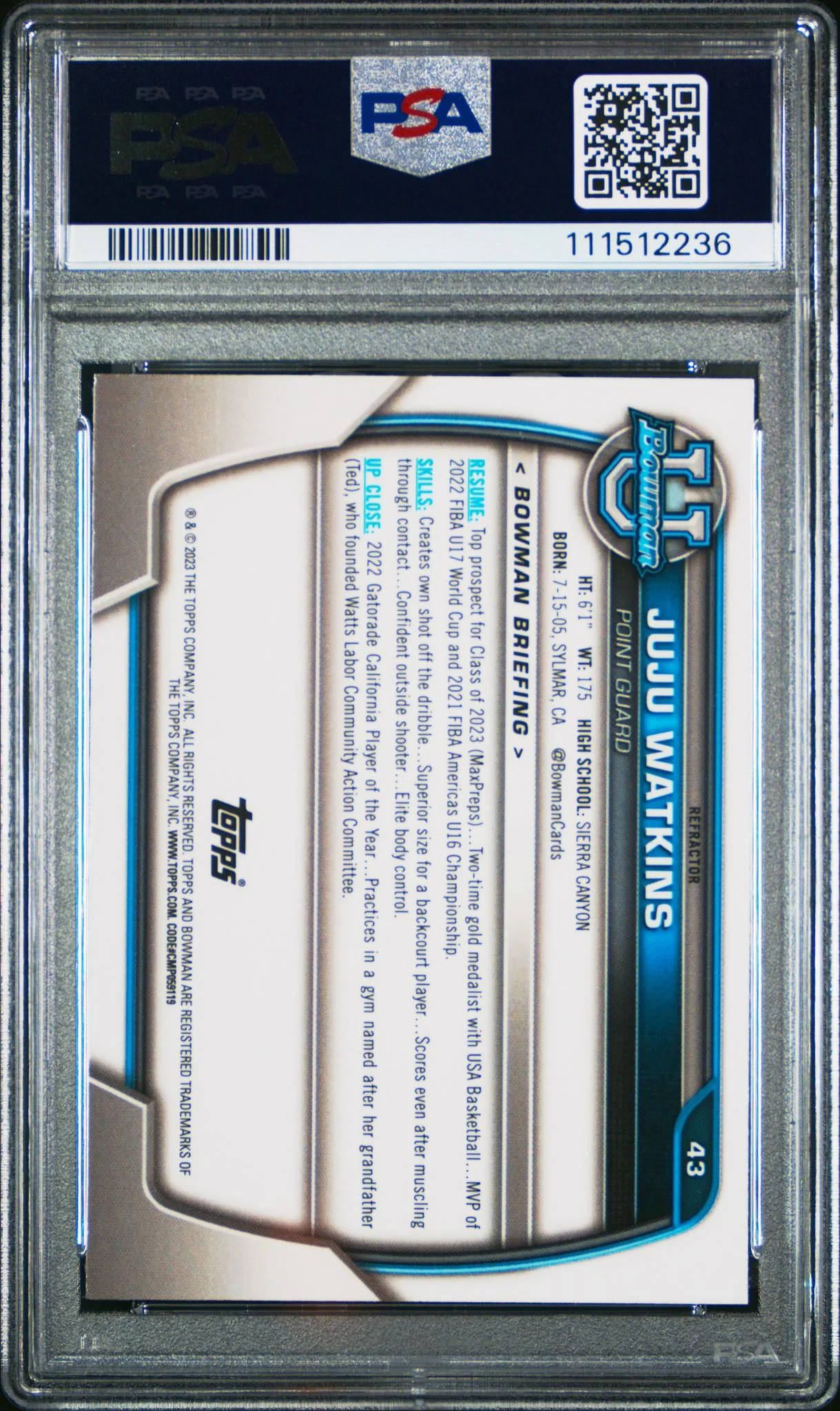 2022 Bowman Chrome University Refractor Juju Watkins #43 PSA 9 - Image 2
