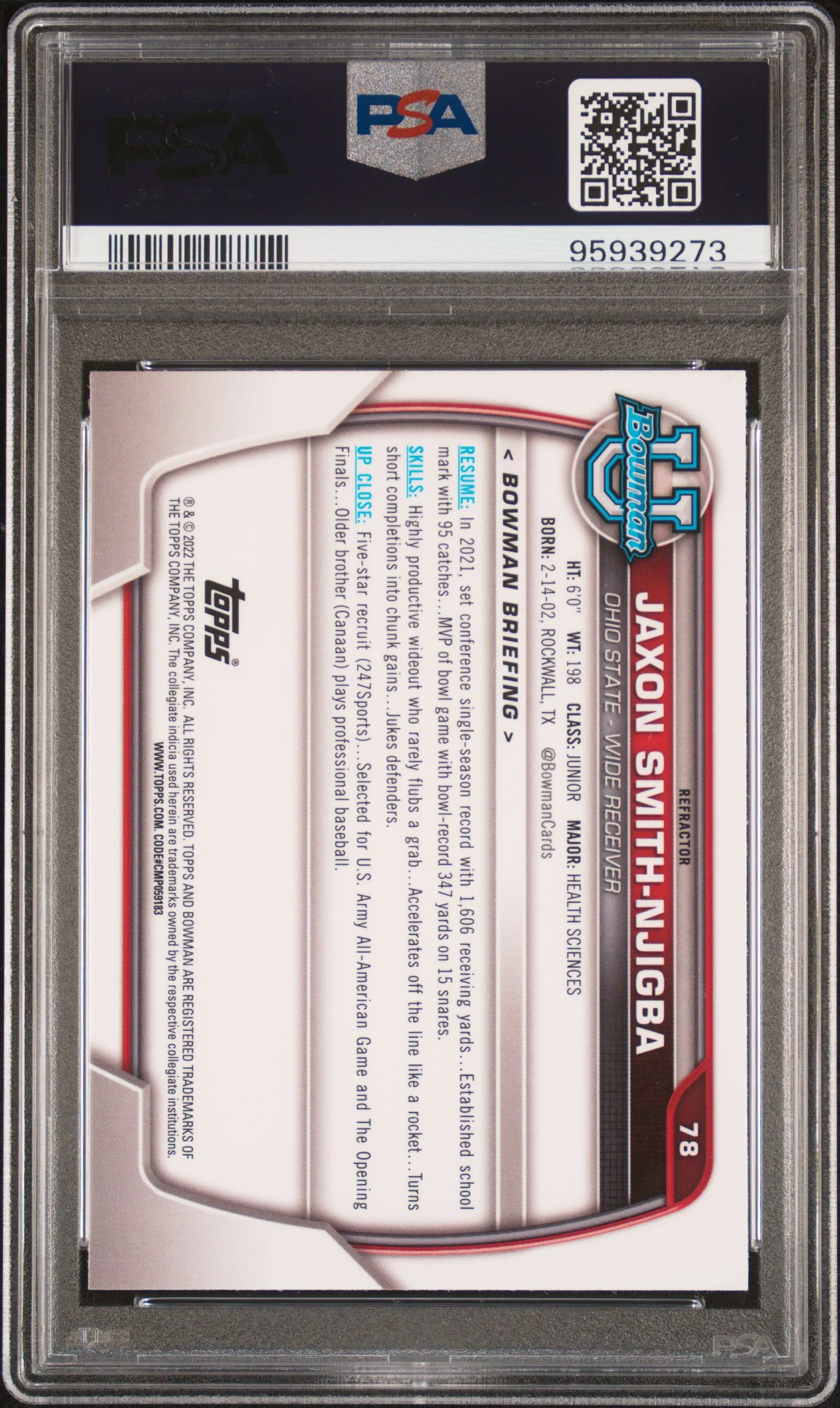 2022 Bowman Chrome University Refractors Jaxon Smith-Njigba #78 PSA 10 - Image 2