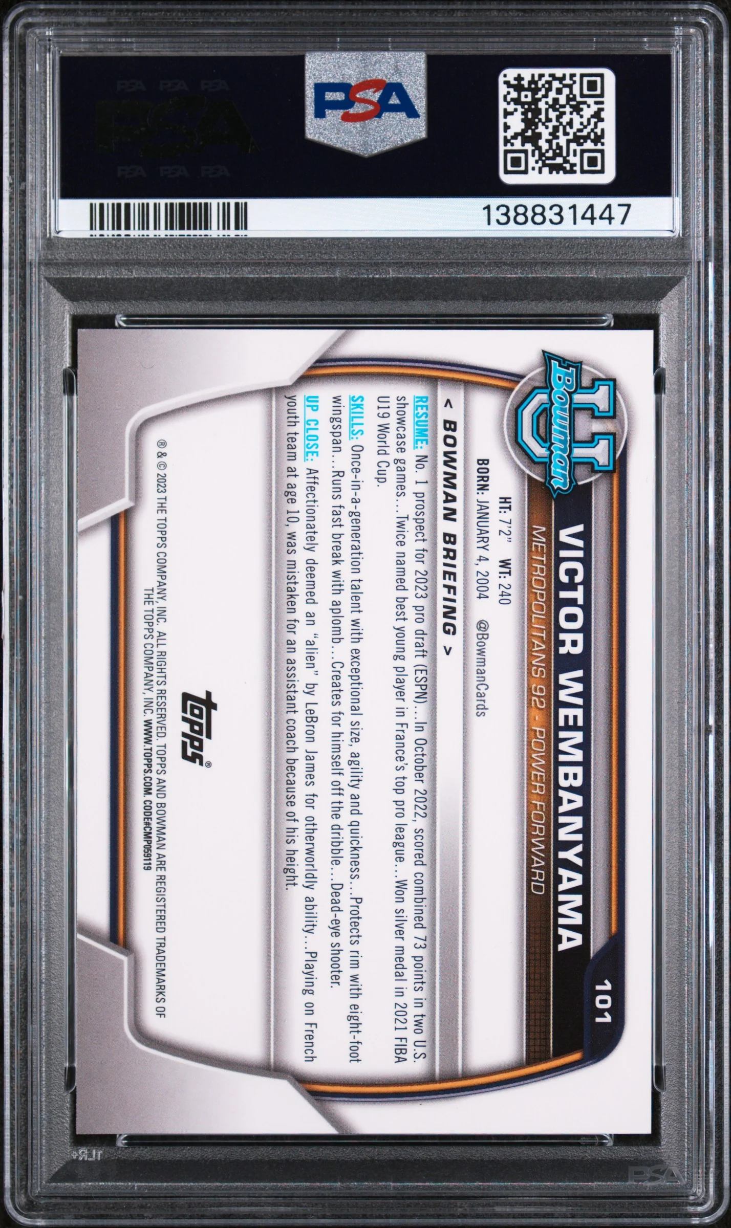 2022 Bowman Chrome University Victor Wembanyama #101 PSA 9 - Image 2
