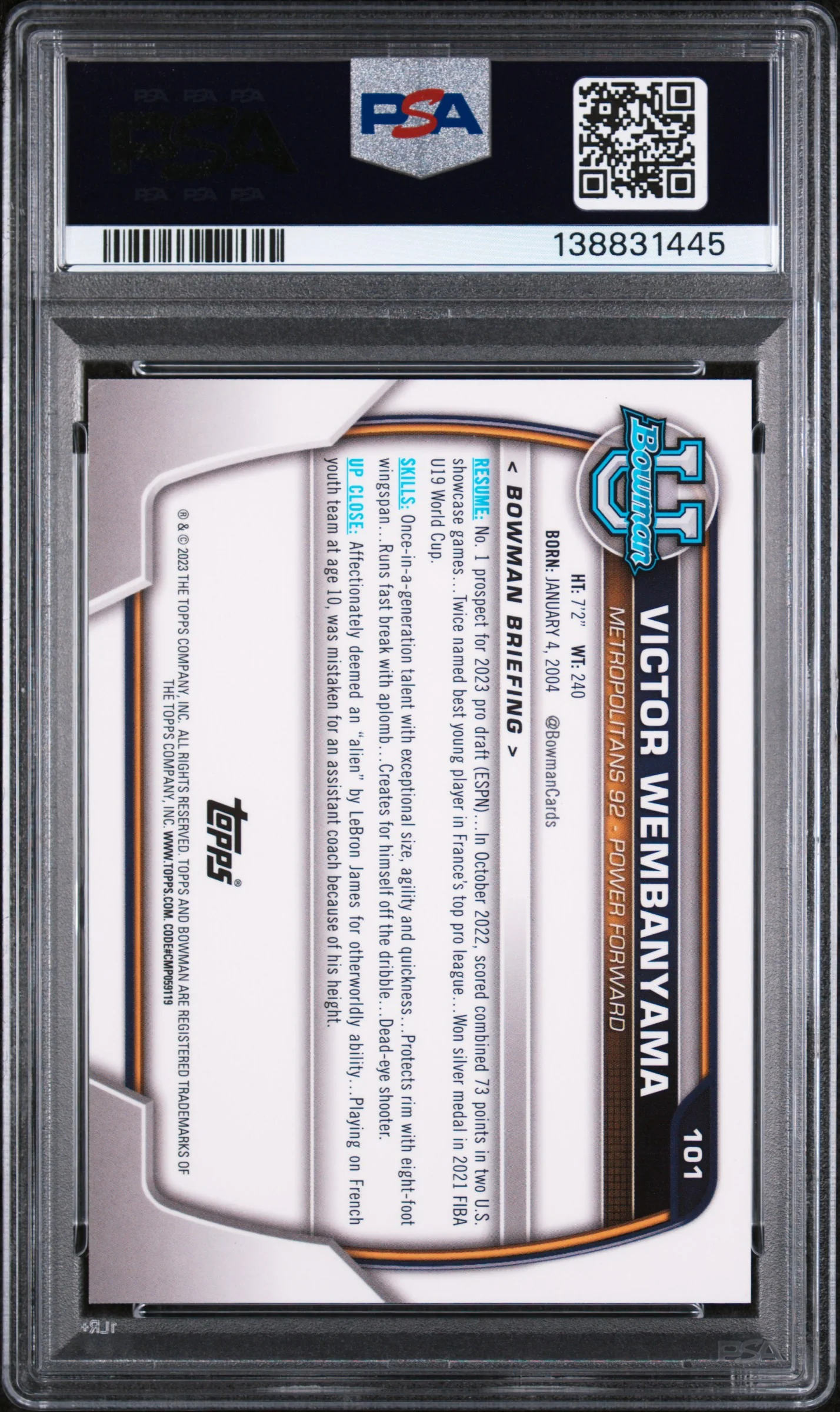 2022 Bowman Chrome University Victor Wembanyama #101 PSA 8 - Image 2