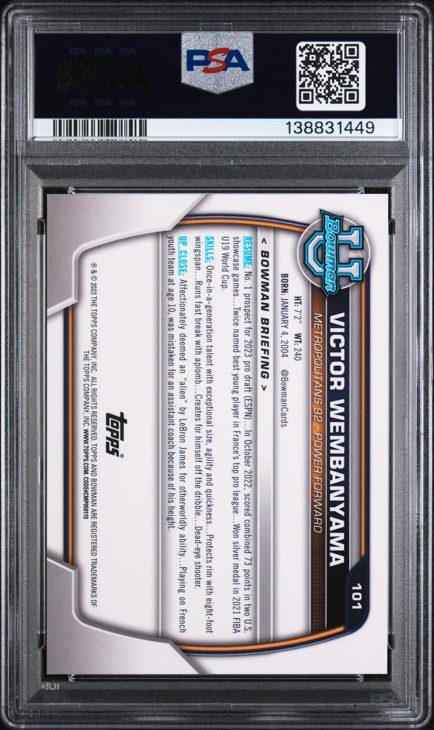 2022 Bowman Chrome University Victor Wembanyama #101 PSA 9 - Image 2