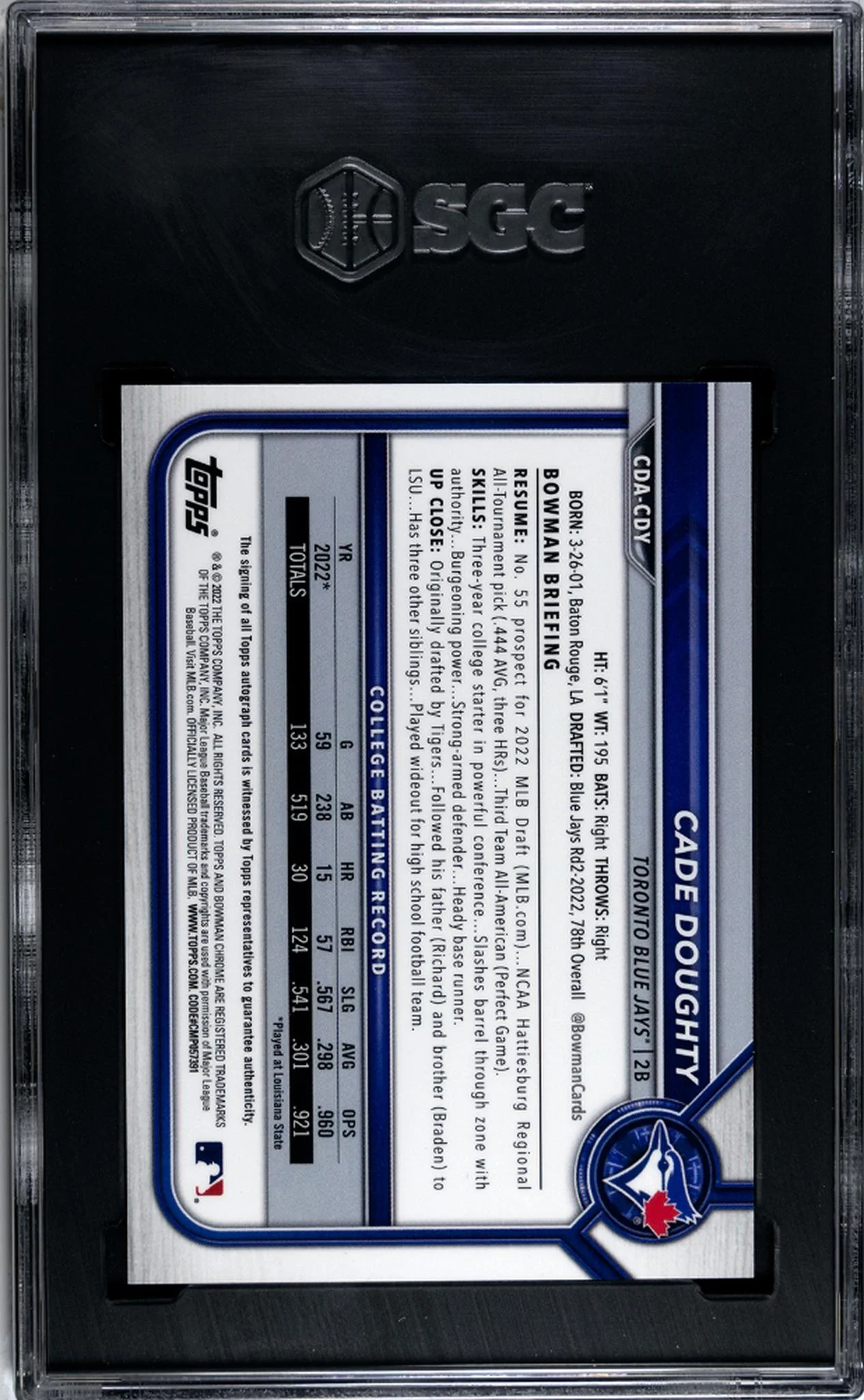 2022 Bowman Draft Black Refractor Cade Doughty #CDA-CDY Auto/75 SGC 10 Auto 10 - Image 2