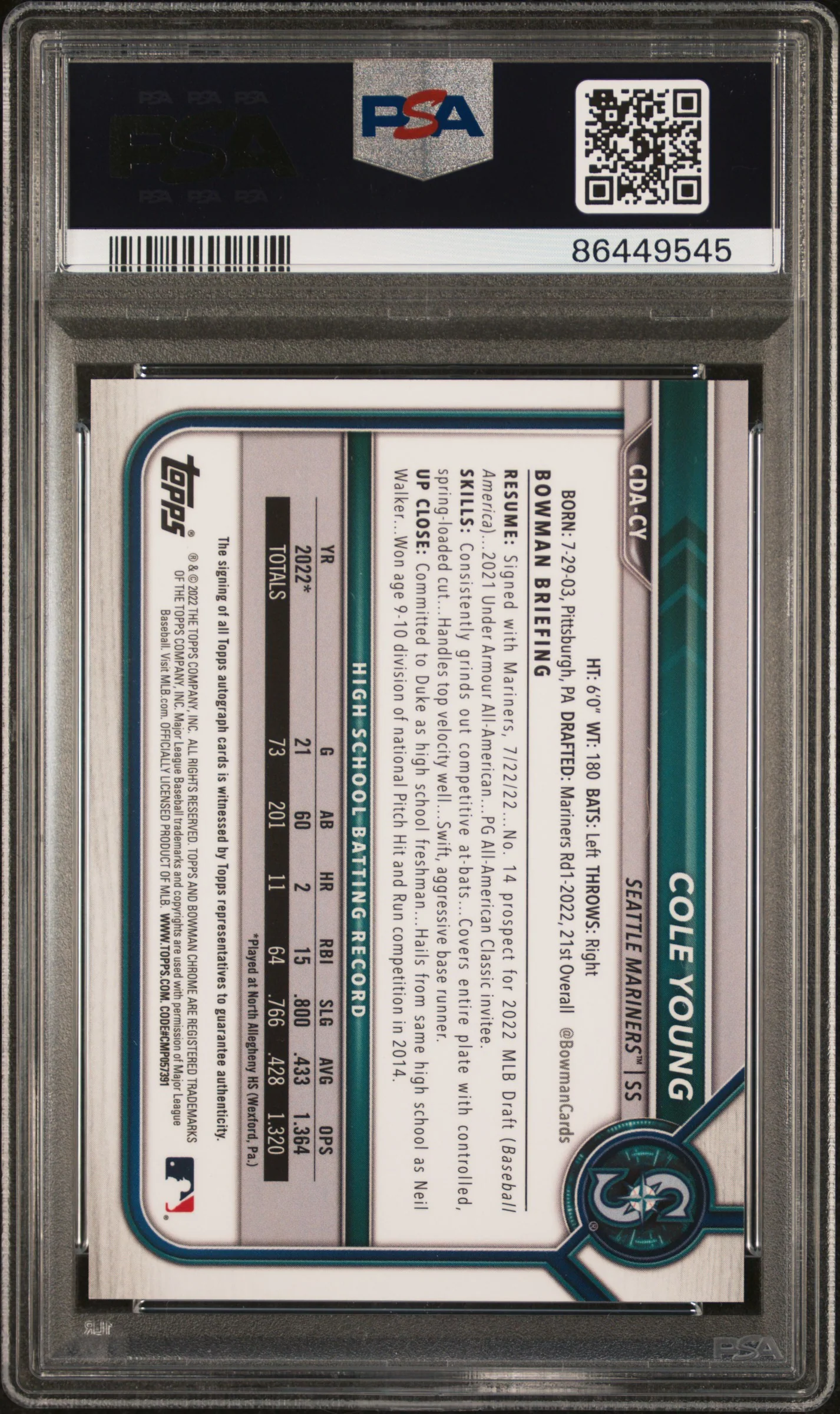 2022 Bowman Draft Chrome Autograph Black Refractor Cole Young #CDACY /75 PSA 10 - Image 2