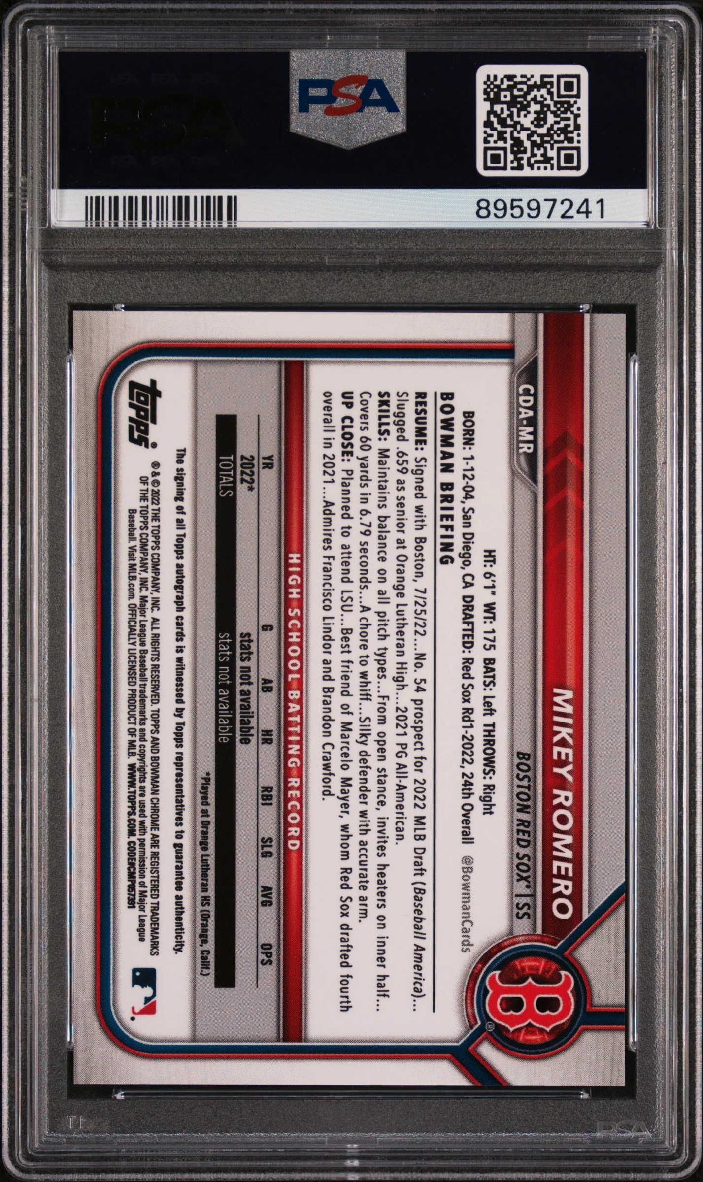 2022 Bowman Draft Chrome Autograph Blue Refractor Mikey Romero #CDAMR /150 PSA 8 - Image 2