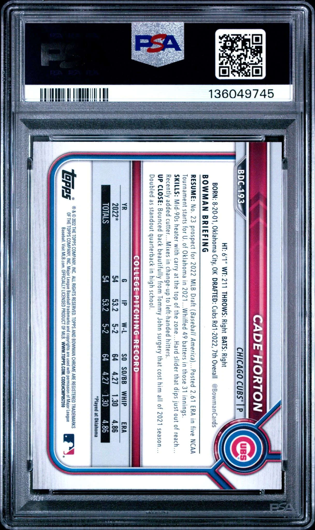 2022 Bowman Draft Chrome Cade Horton #BDC193 PSA 9 - Image 2