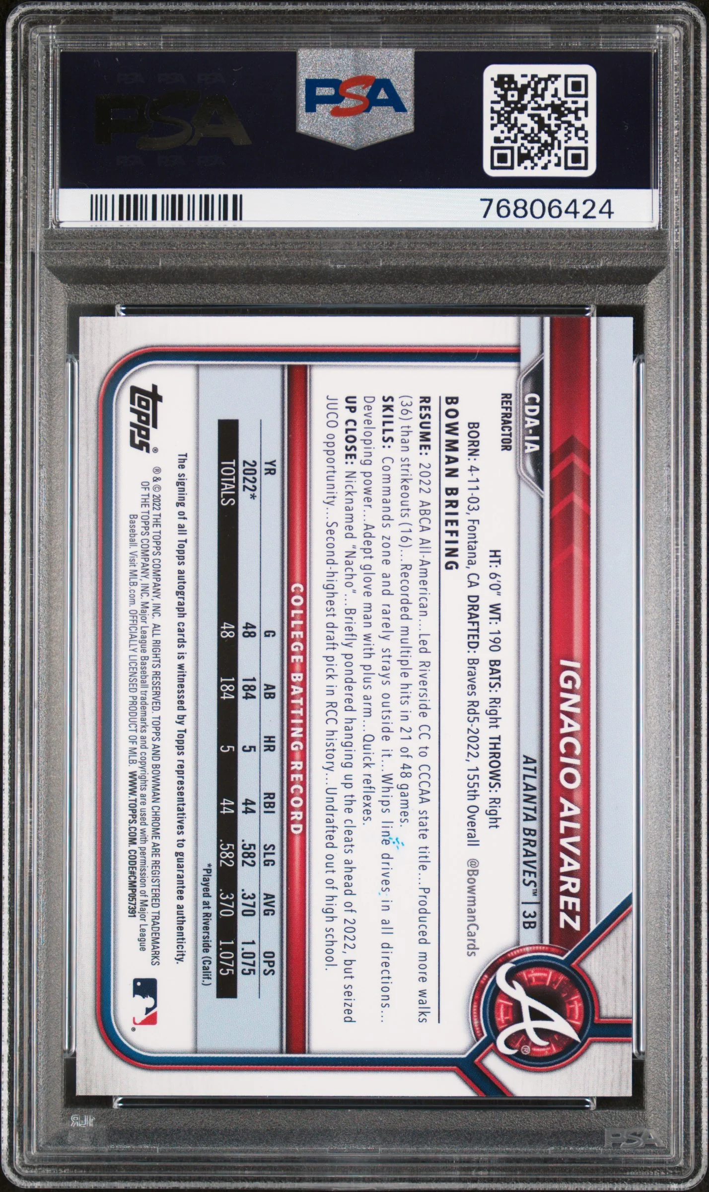 2022 Bowman Draft Chrome DP Refractor Ignacio Alvarez #CDA-IA Auto /499 PSA 9 - Image 2