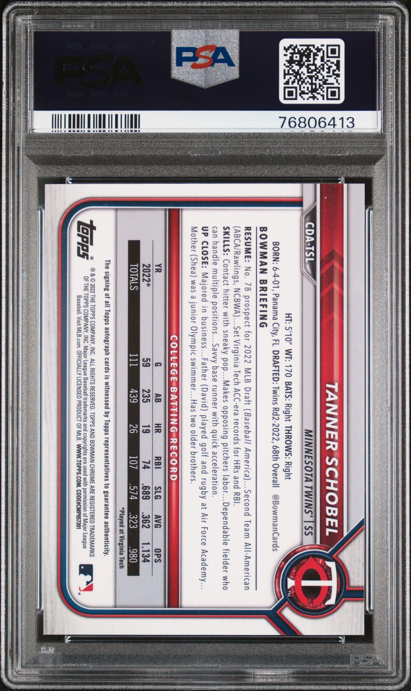 2022 Bowman Draft Chrome Tanner Schobel #CDA-TSL Auto PSA 10 - Image 2