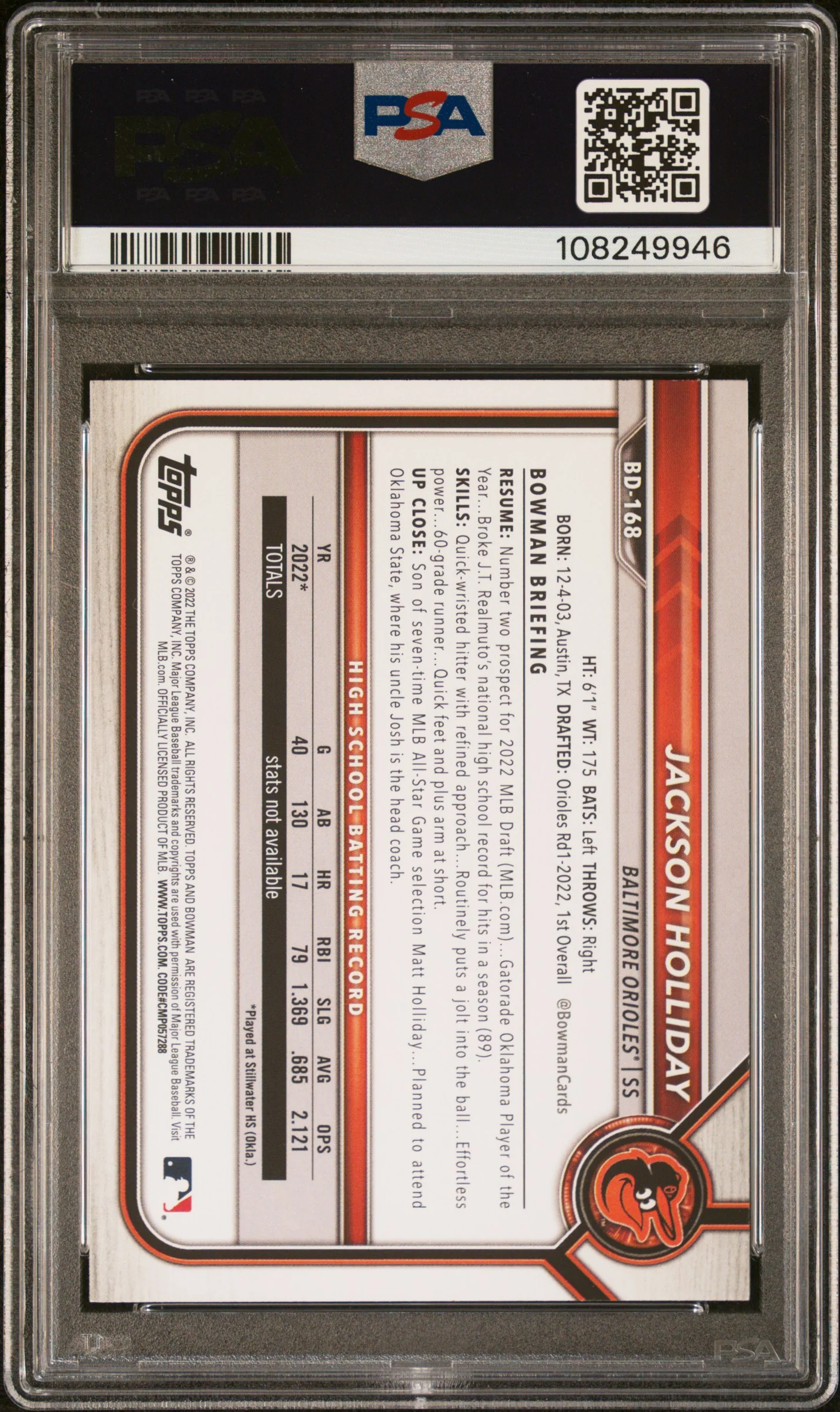 2022 Bowman Draft Jackson Holliday #BD168 PSA 10 - Image 2