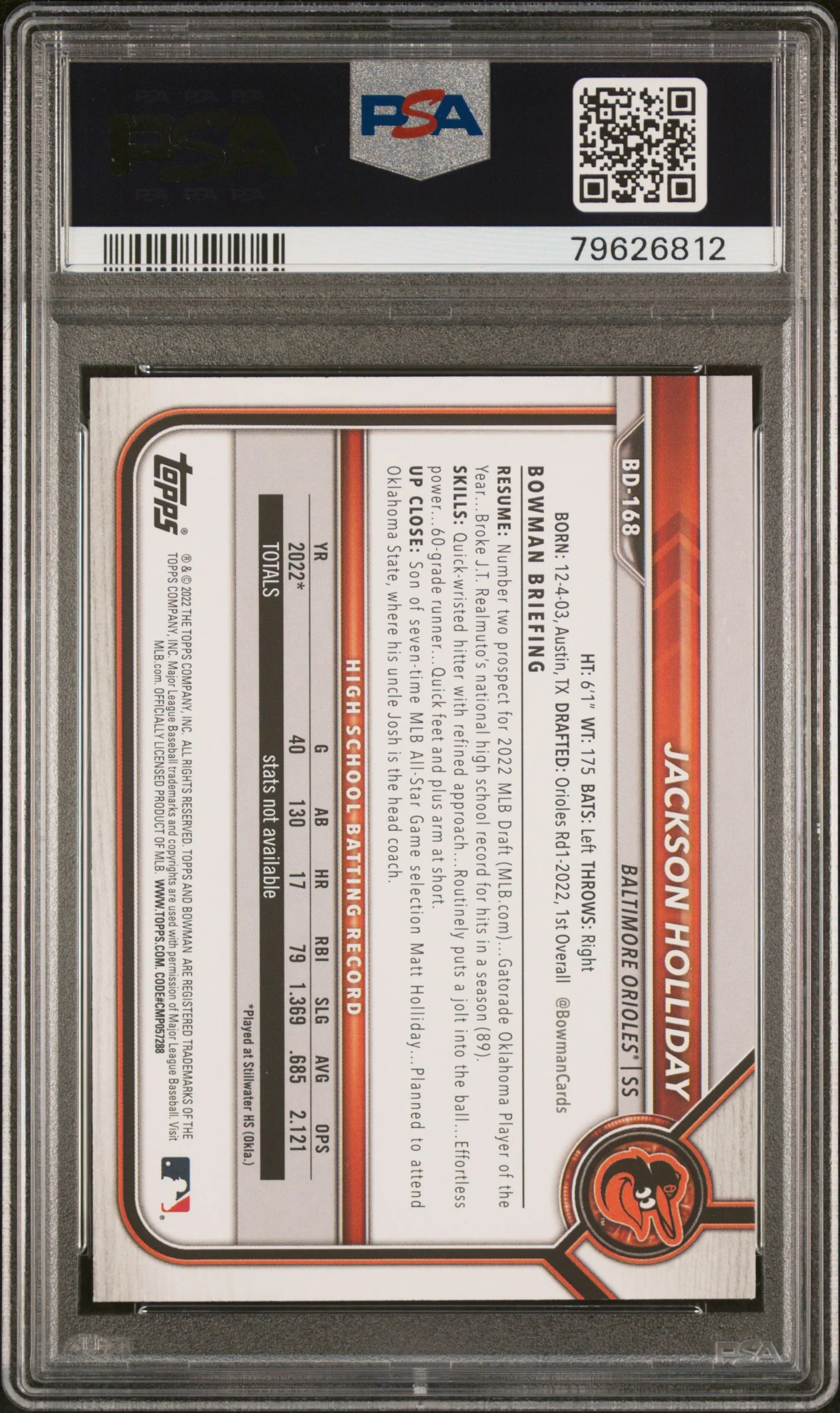 2022 Bowman Draft Jackson Holliday #BD168 PSA 10 - Image 2