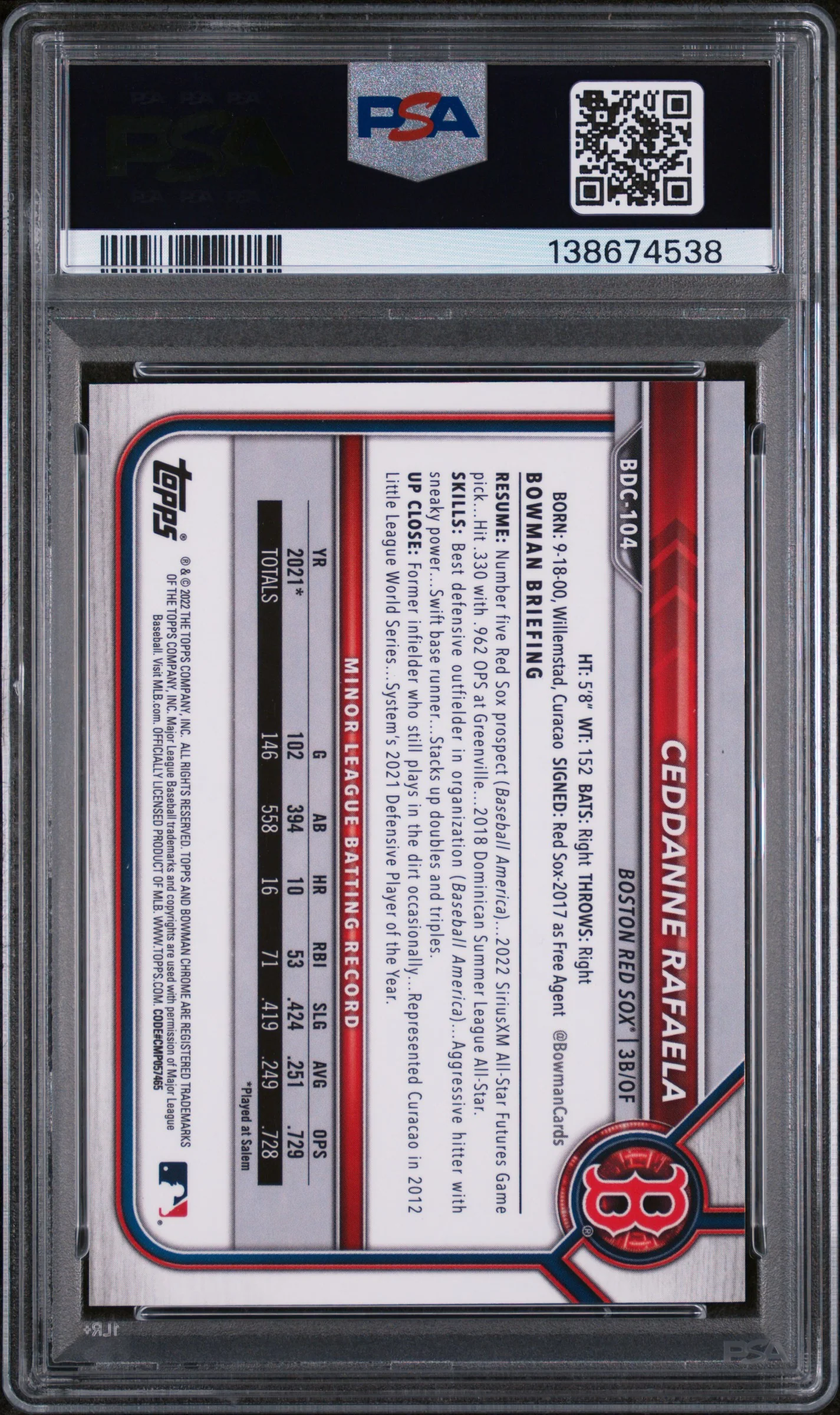 2022 Bowman Draft Sapphire Edition Green Ceddanne Rafaela #104 /50 PSA 9 - Image 2