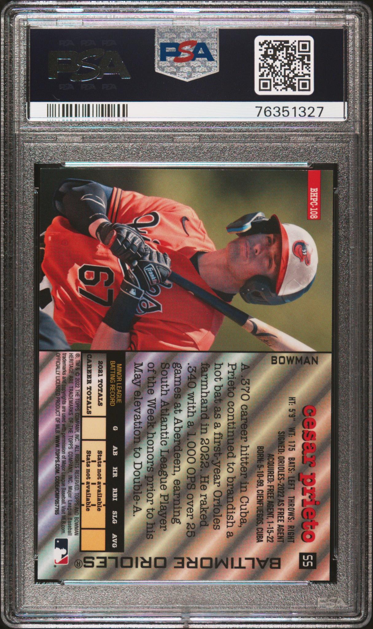 2022 Bowman Heritage Chrome Orange Refractor Cesar Prieto #BHPC-108 /25 PSA 9 - Image 2