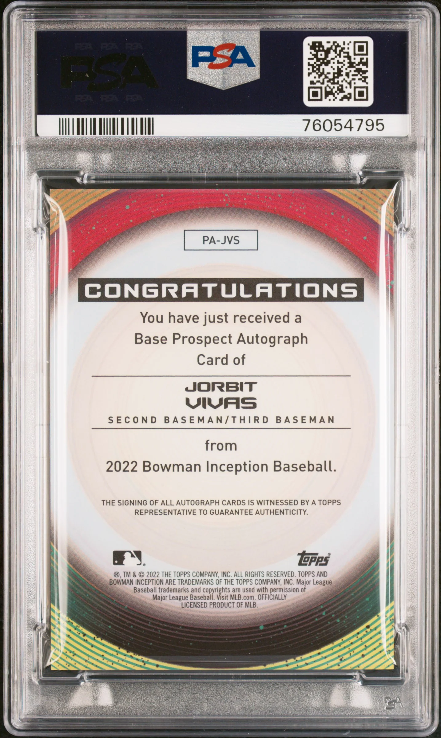2022 Bowman Inception Fuchsia Foil Jorbit Vivas #PA-JVS Auto /75 PSA 10 - Image 2
