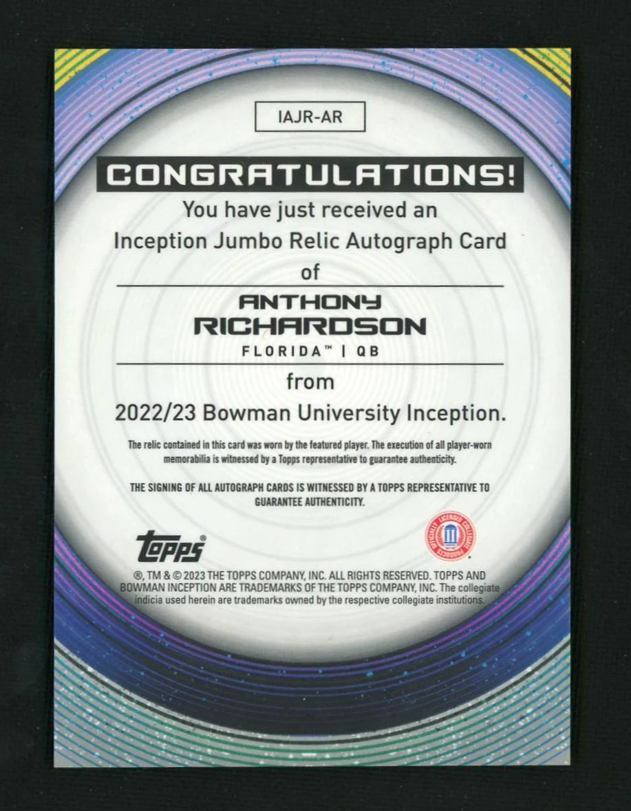 2022 Bowman Inception IAJR-AR Anthony Richardson Inception Jumbo Relic Autograph /199 Florida - Image 2
