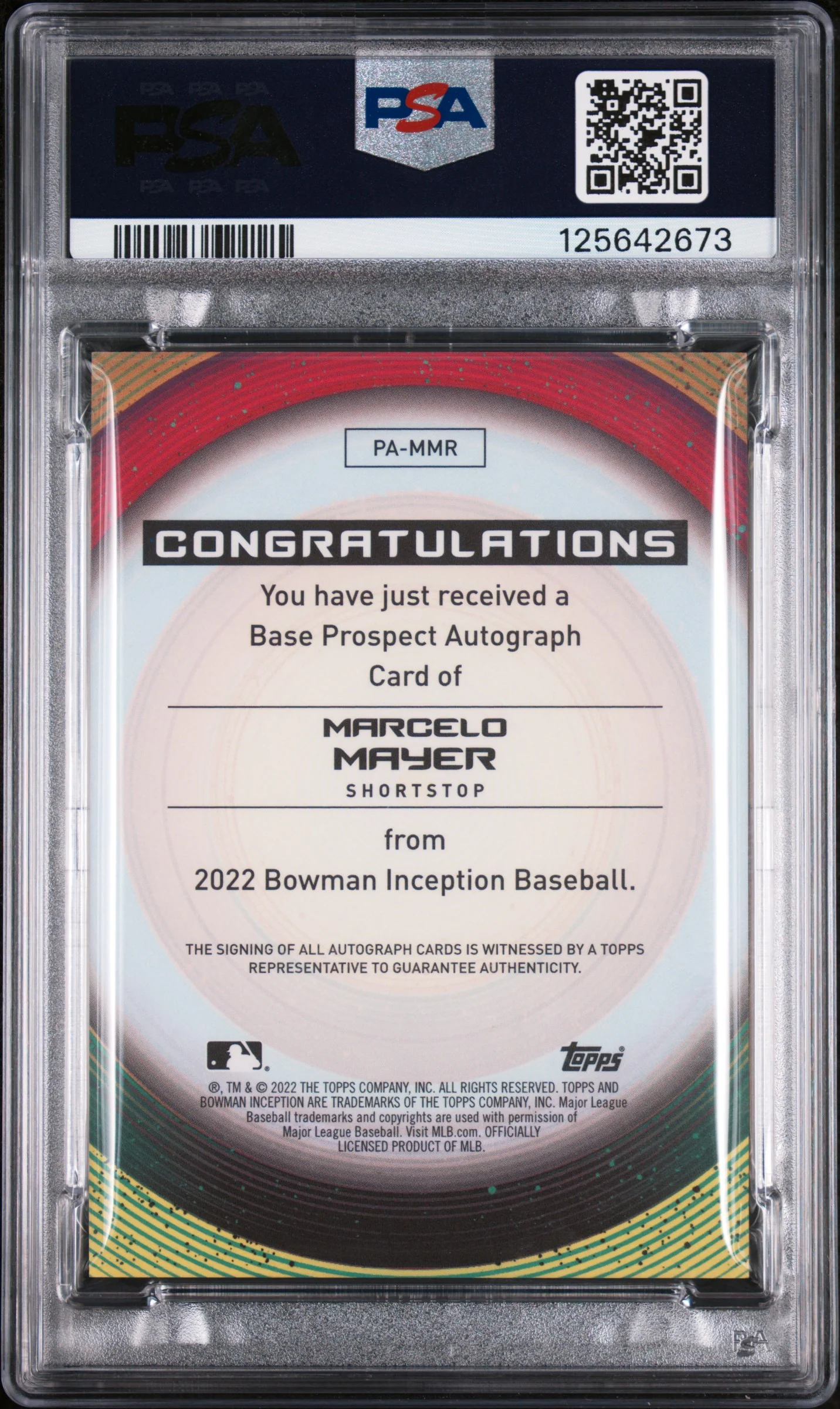 2022 Bowman Inception Prospect Autographs Fuchsia Foil Marcelo Mayer #PAMMR /75 PSA 10 - Image 2