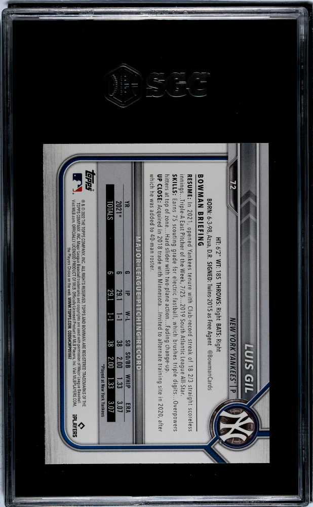 2022 Bowman Luis Gil #72 RC SGC 9 - Image 2
