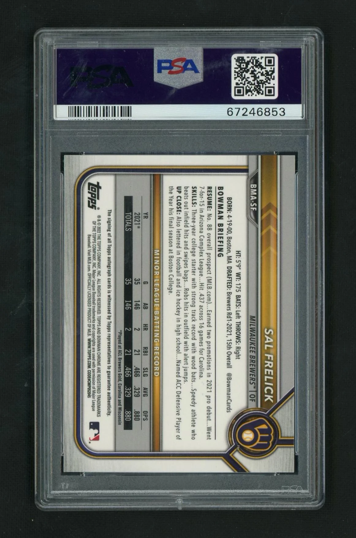 2022 Bowman Chrome Auto Sal Frelick #BMA-SF PSA 10 - Image 2